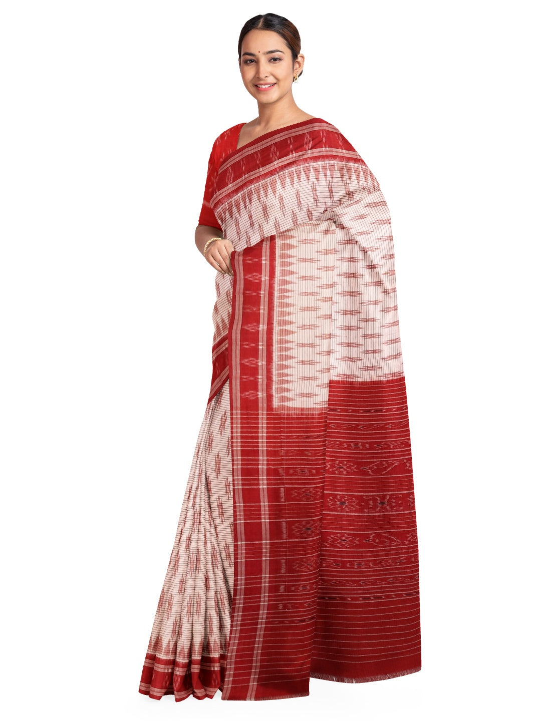 White with Red Cotton Odisha Ikat saree with cotton ikat blouse piece