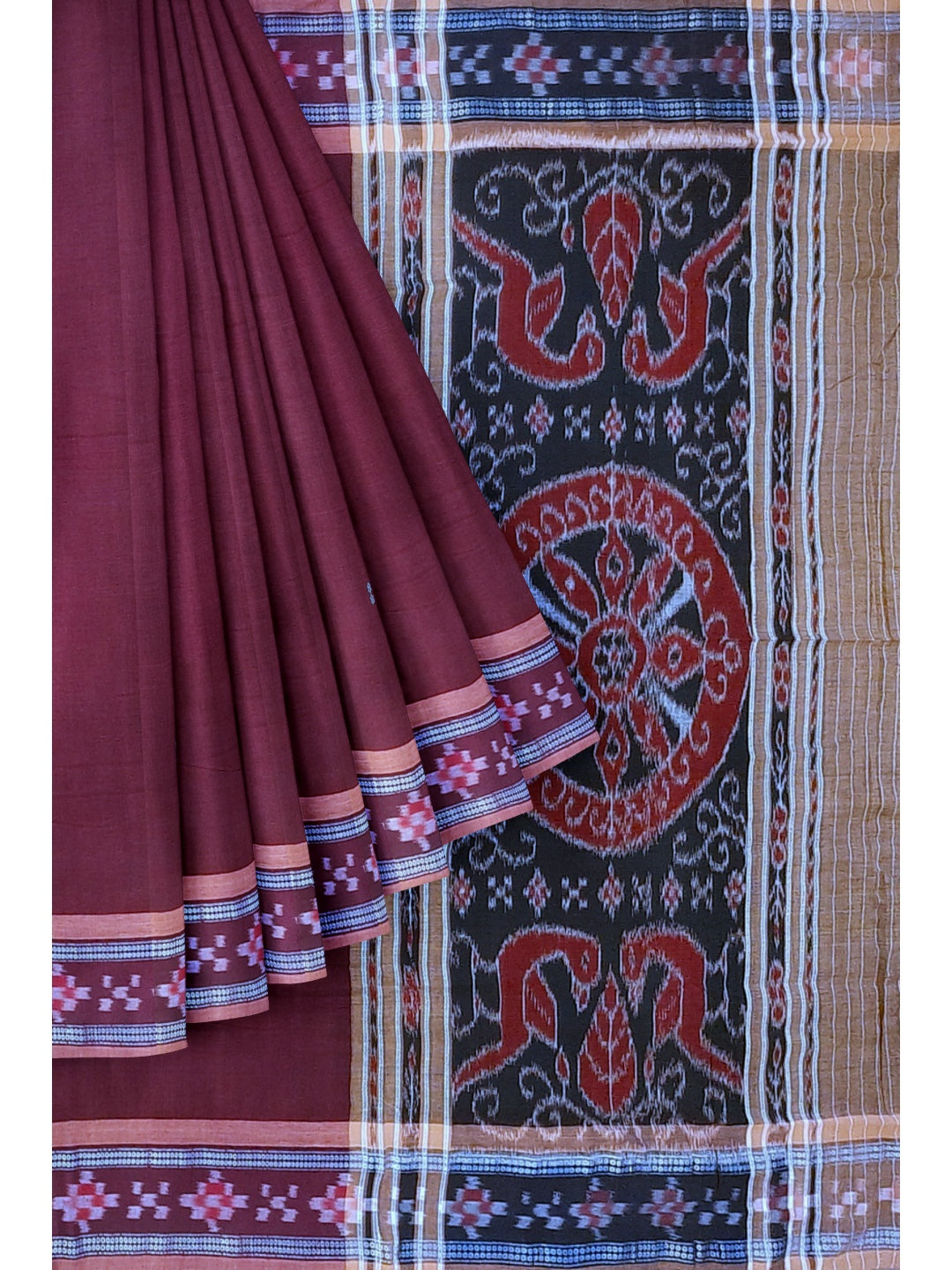 Brown Cotton Odisha Ikat saree  with mix match cotton ikat blouse piece