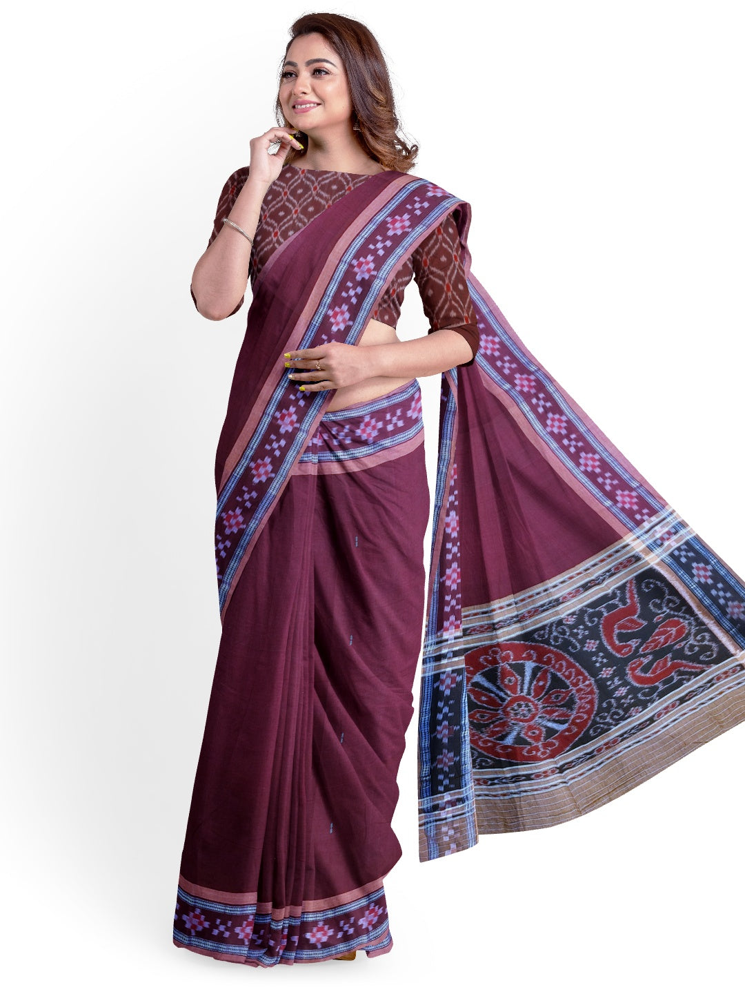 Brown Cotton Odisha Ikat saree  with mix match cotton ikat blouse piece