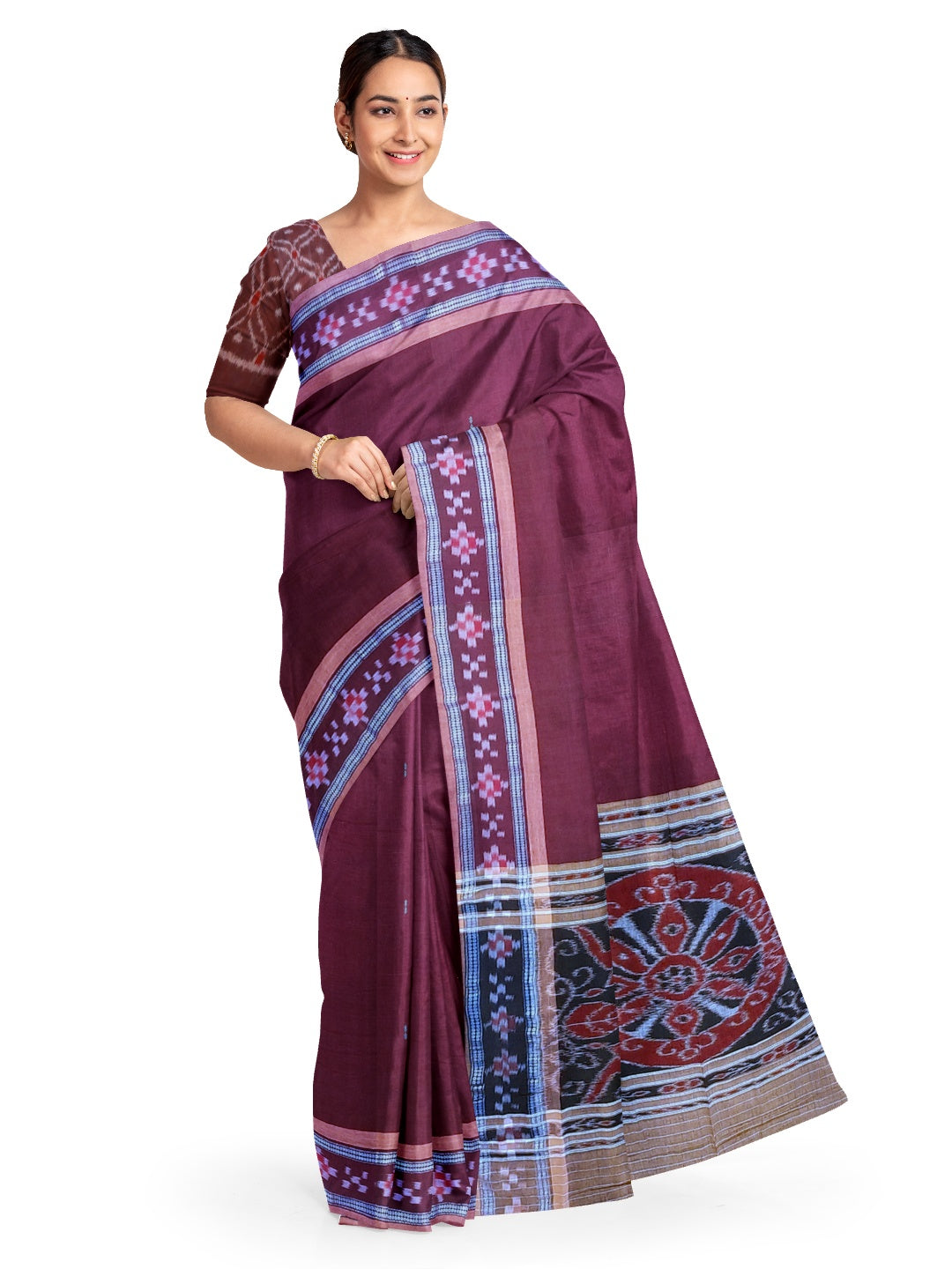 Brown Cotton Odisha Ikat saree  with mix match cotton ikat blouse piece