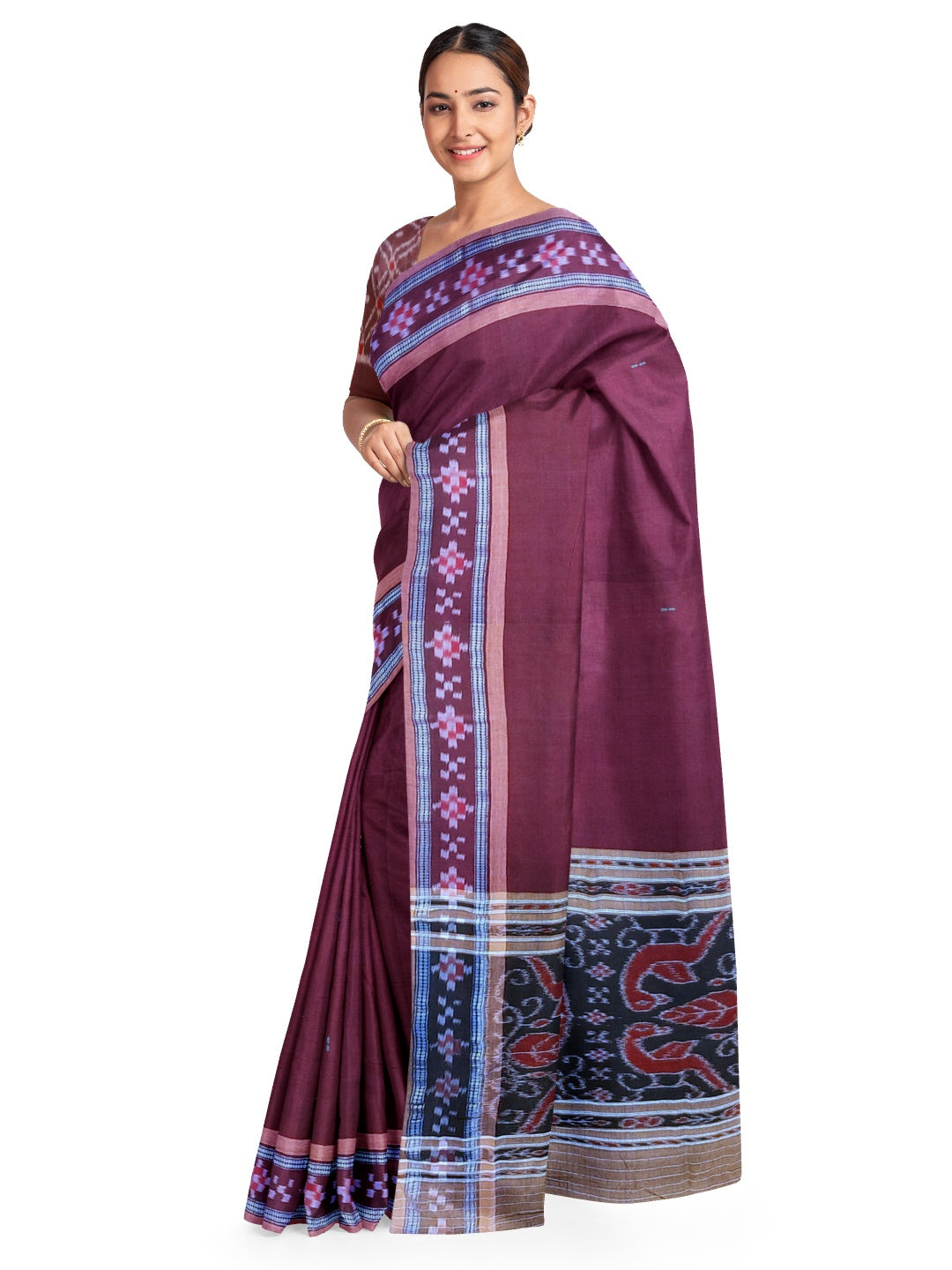 Brown Cotton Odisha Ikat saree  with mix match cotton ikat blouse piece