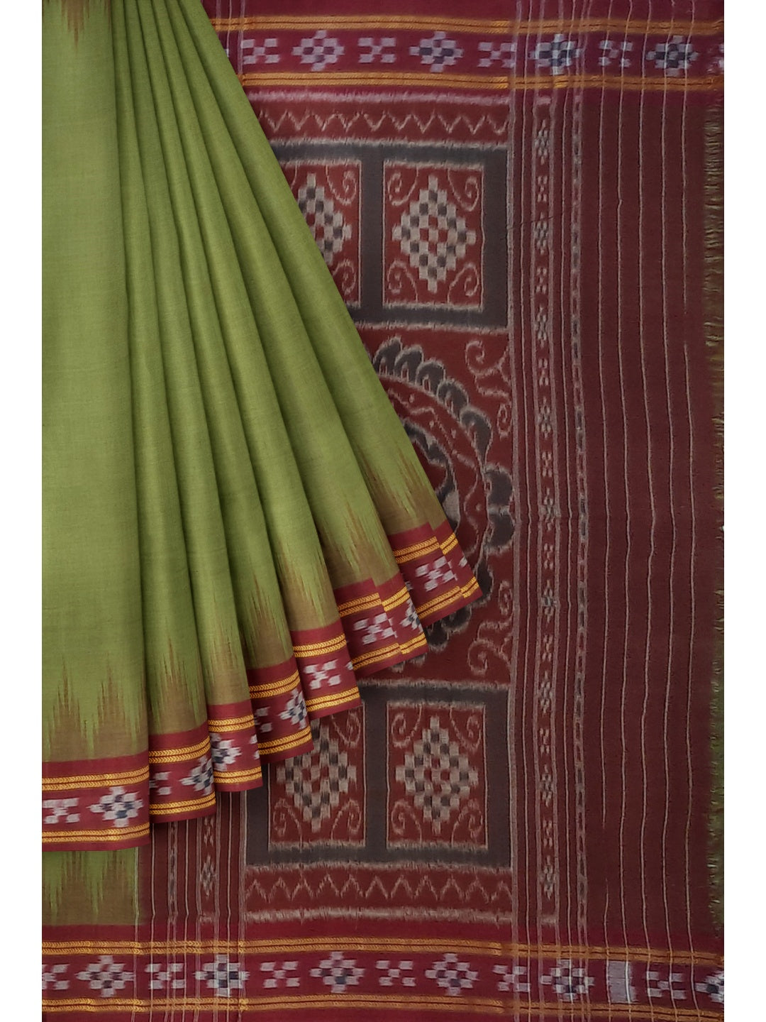 Olive Green Odisha Ikat saree with cotton ikat blouse piece