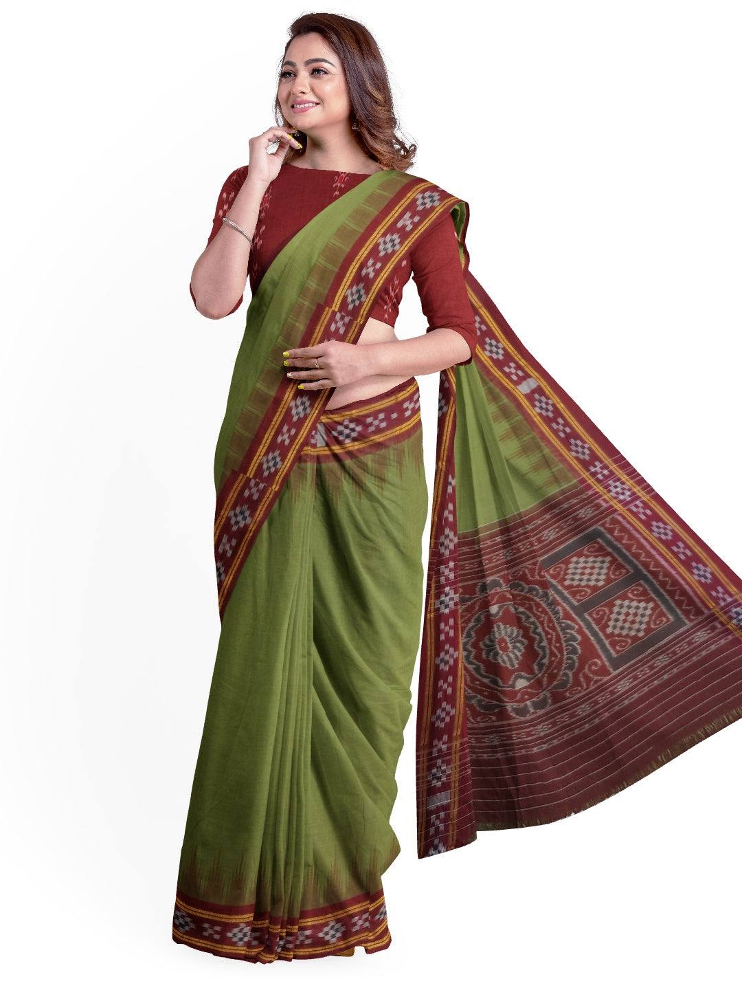 Olive Green Odisha Ikat saree with cotton ikat blouse piece