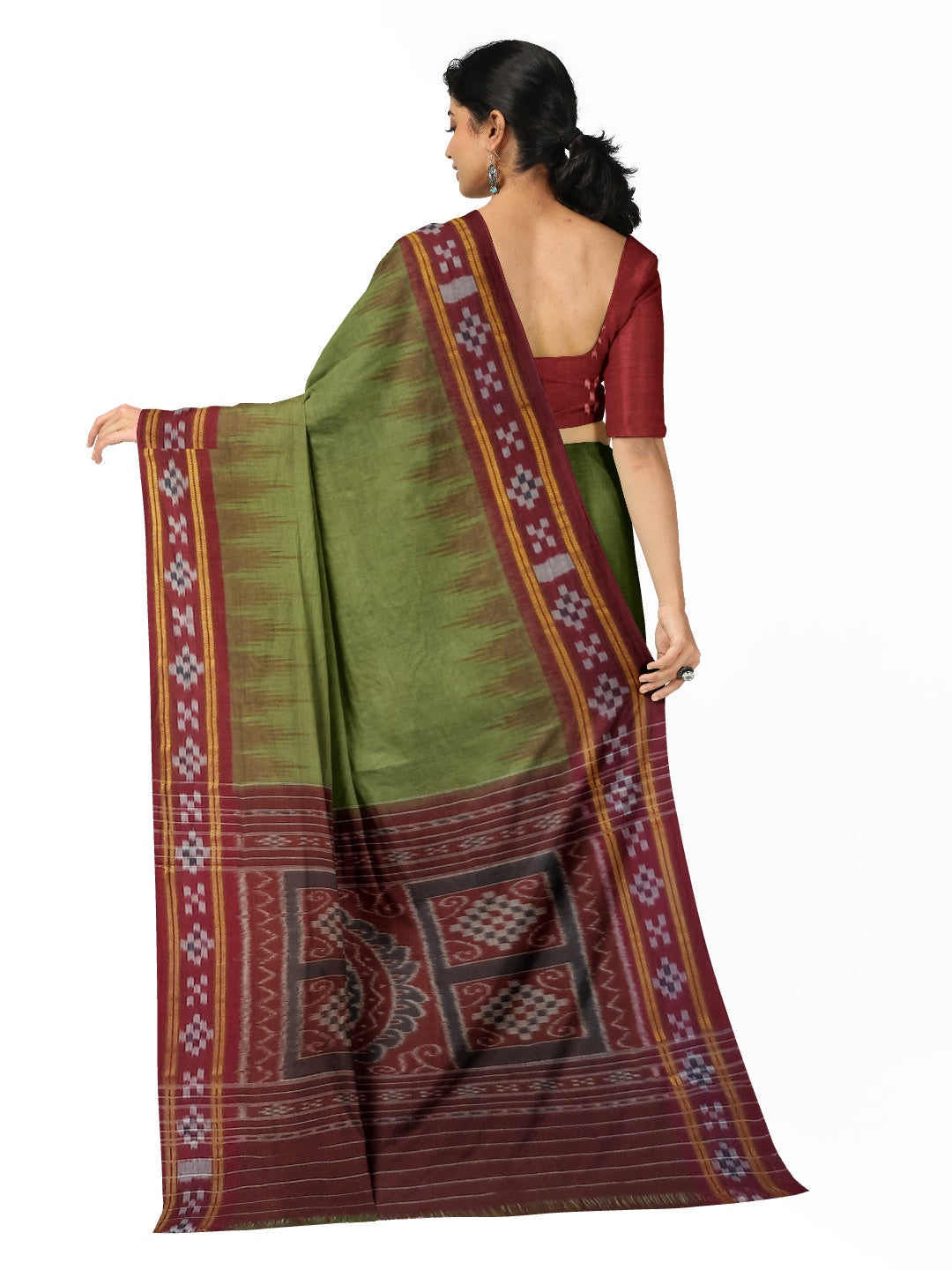 Olive Green Odisha Ikat saree with cotton ikat blouse piece