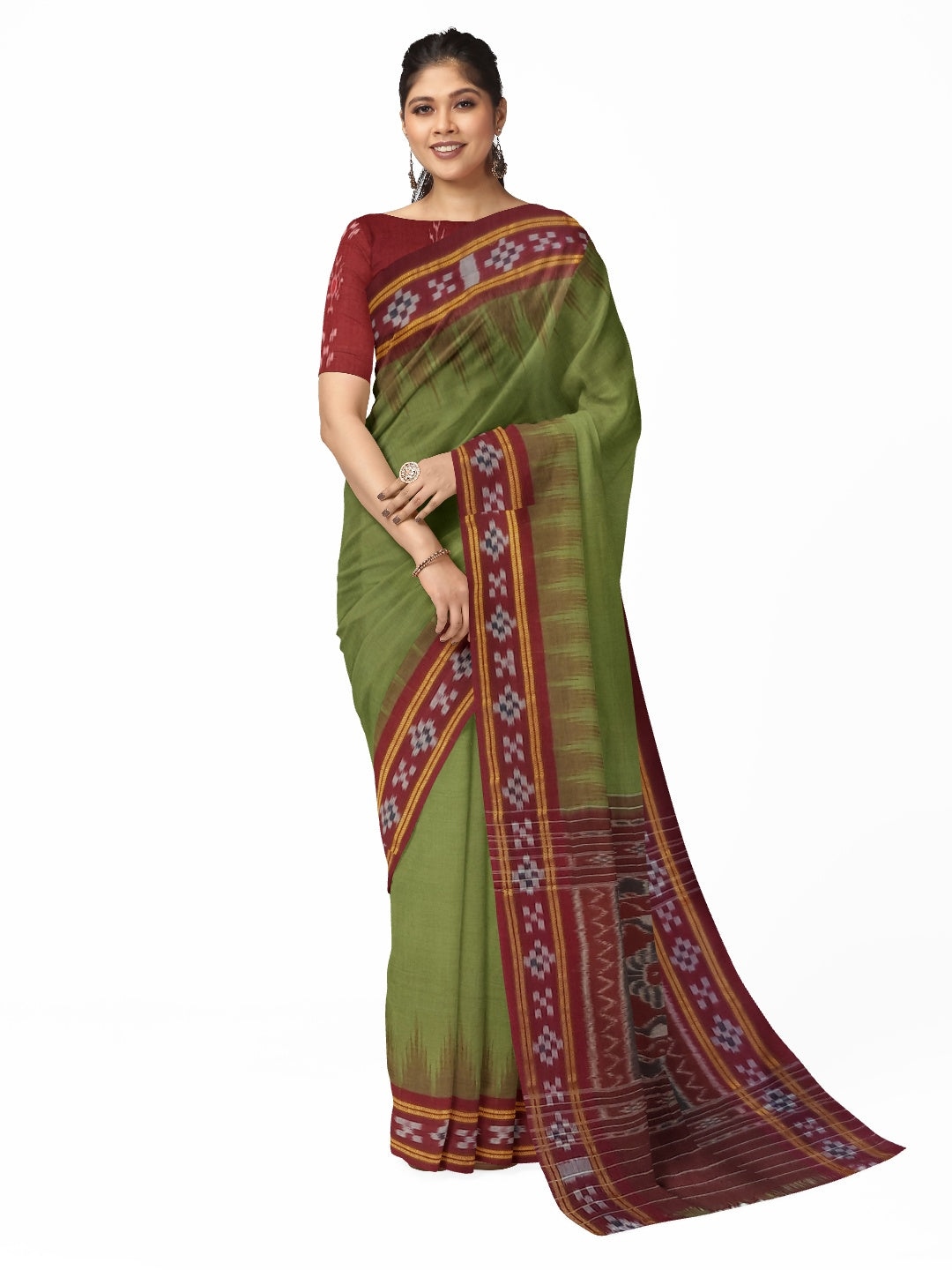 Olive Green Odisha Ikat saree with cotton ikat blouse piece