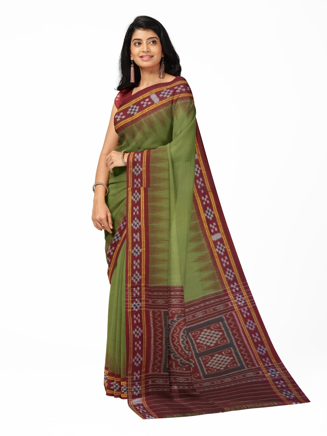 Olive Green Odisha Ikat saree with cotton ikat blouse piece