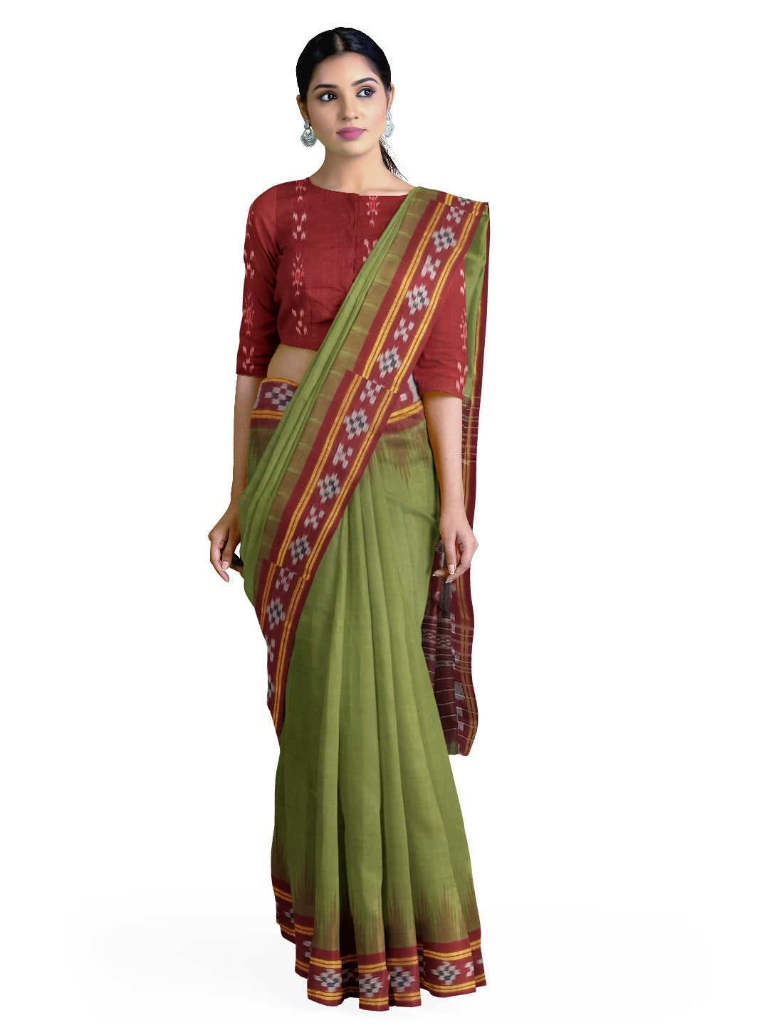 Olive Green Odisha Ikat saree with cotton ikat blouse piece