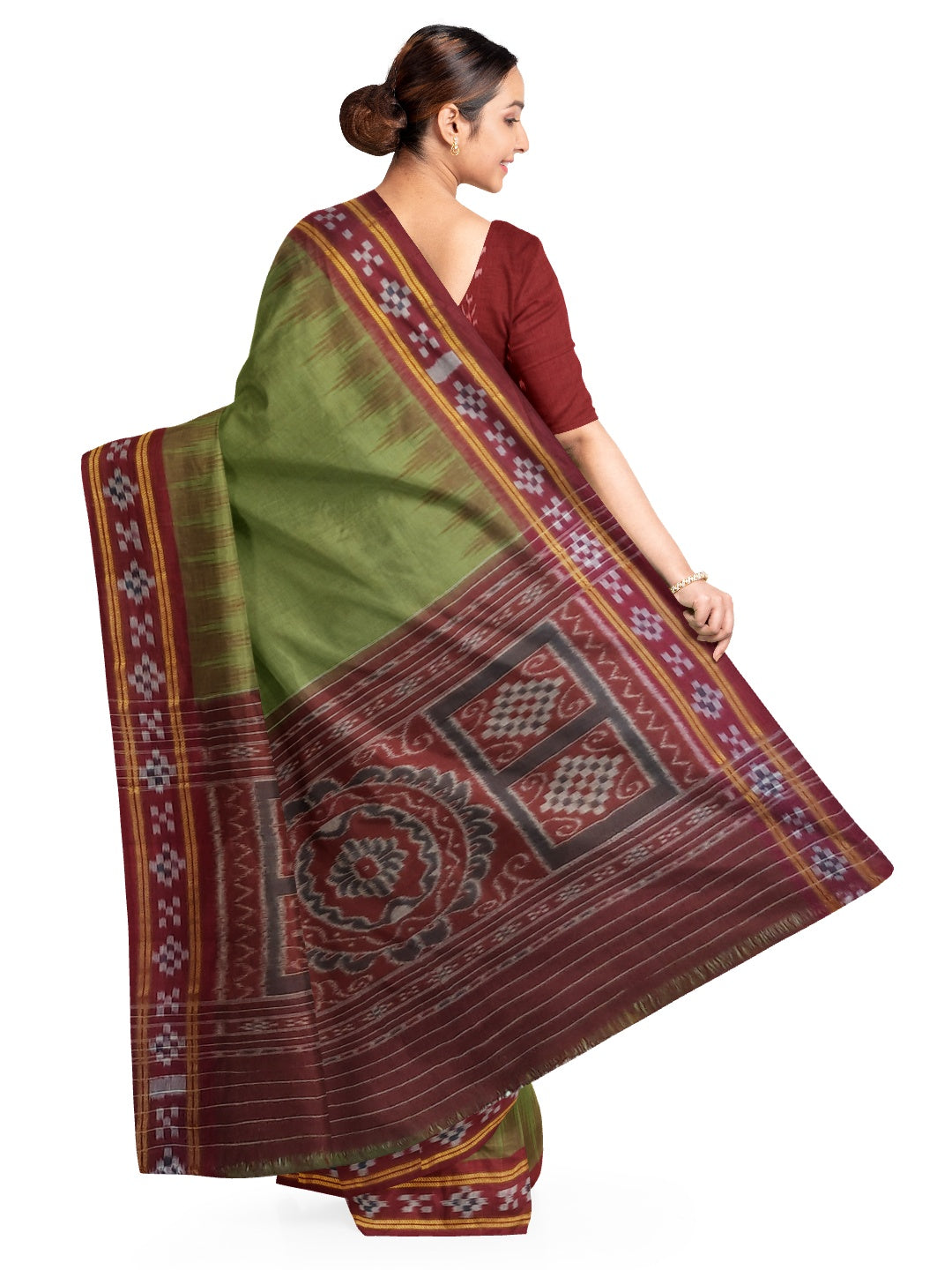 Olive Green Odisha Ikat saree with cotton ikat blouse piece