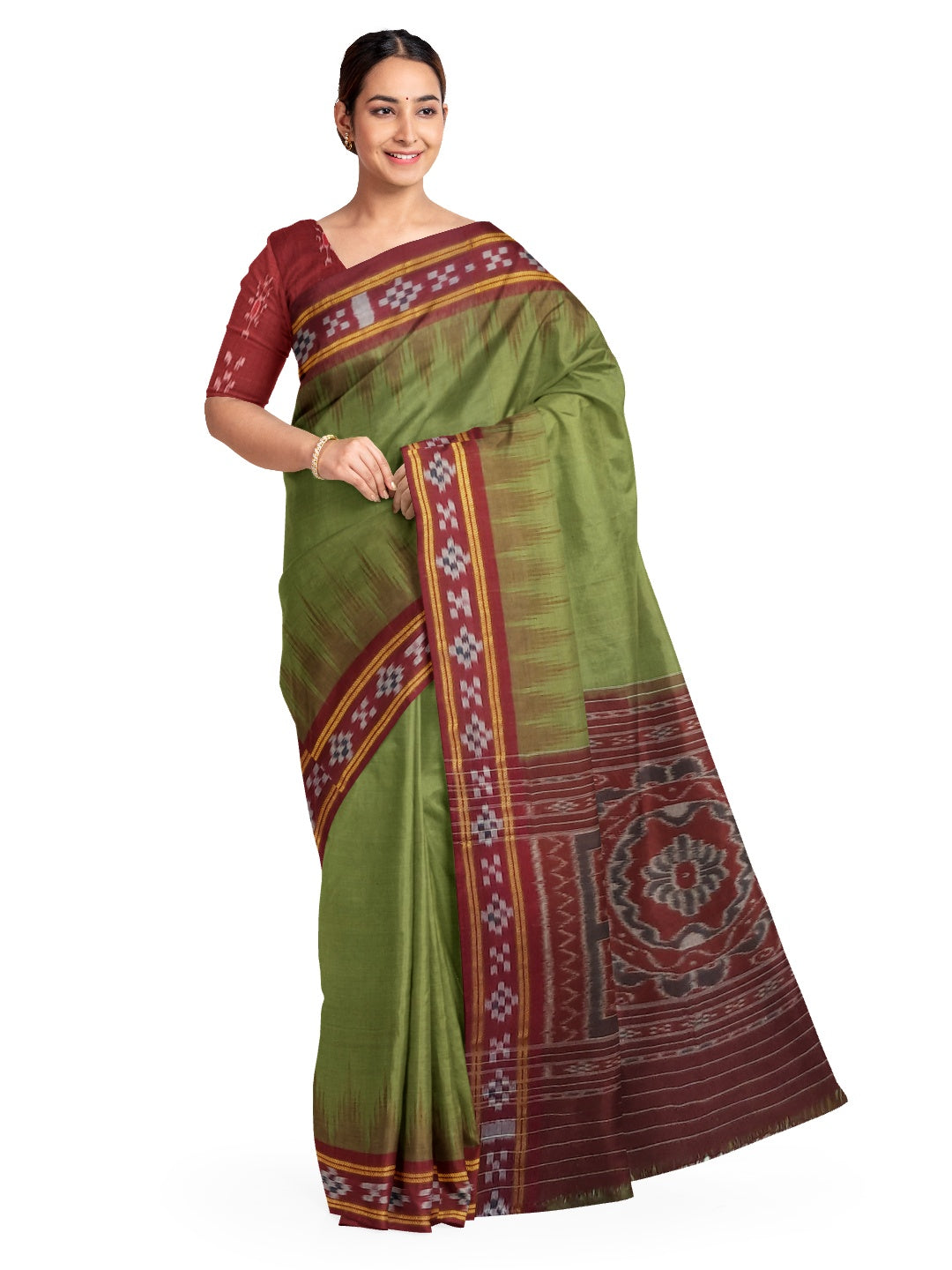 Olive Green Odisha Ikat saree with cotton ikat blouse piece