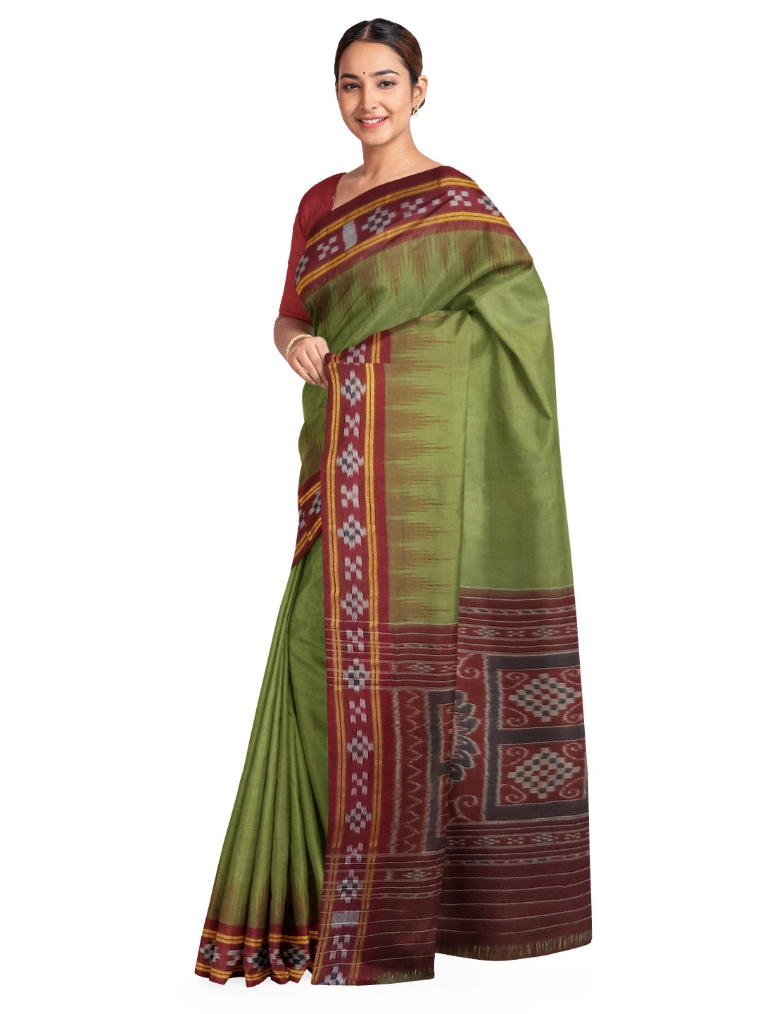 Olive Green Odisha Ikat saree with cotton ikat blouse piece