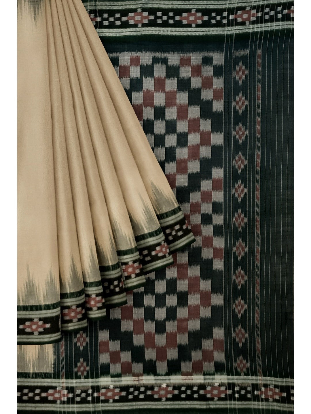 Beige with Green Cotton Odisha Ikat saree with cotton ikat blouse piece