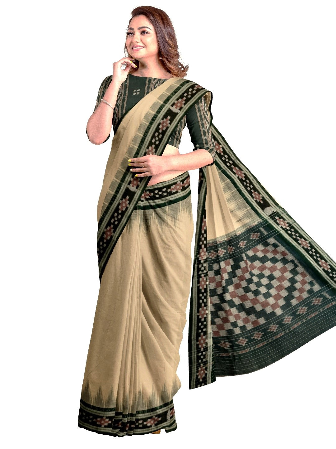 Beige with Green Cotton Odisha Ikat saree with cotton ikat blouse piece