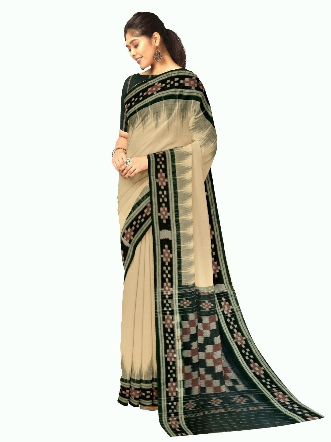 Beige with Green Cotton Odisha Ikat saree with cotton ikat blouse piece
