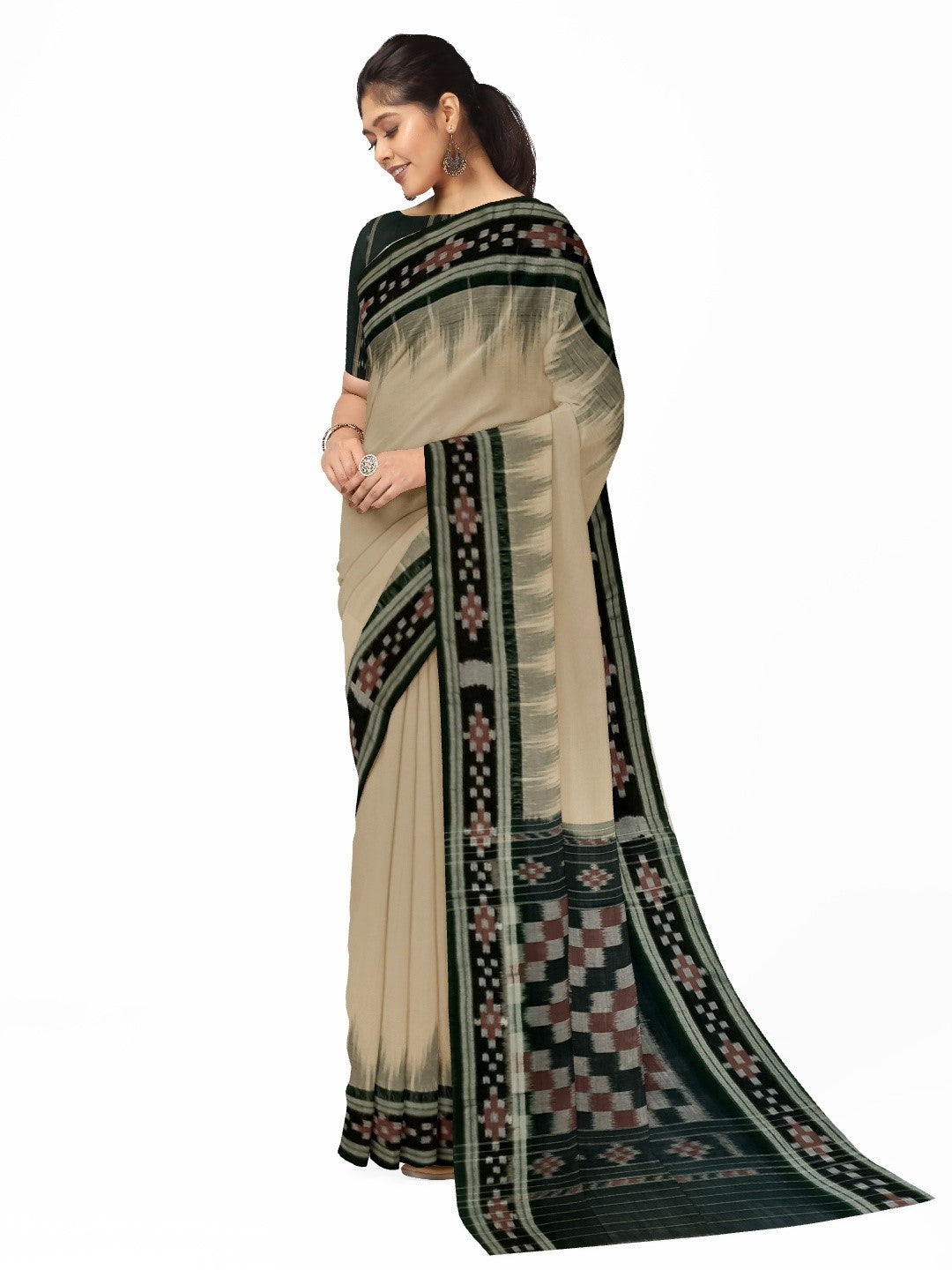 Beige with Green Cotton Odisha Ikat saree with cotton ikat blouse piece