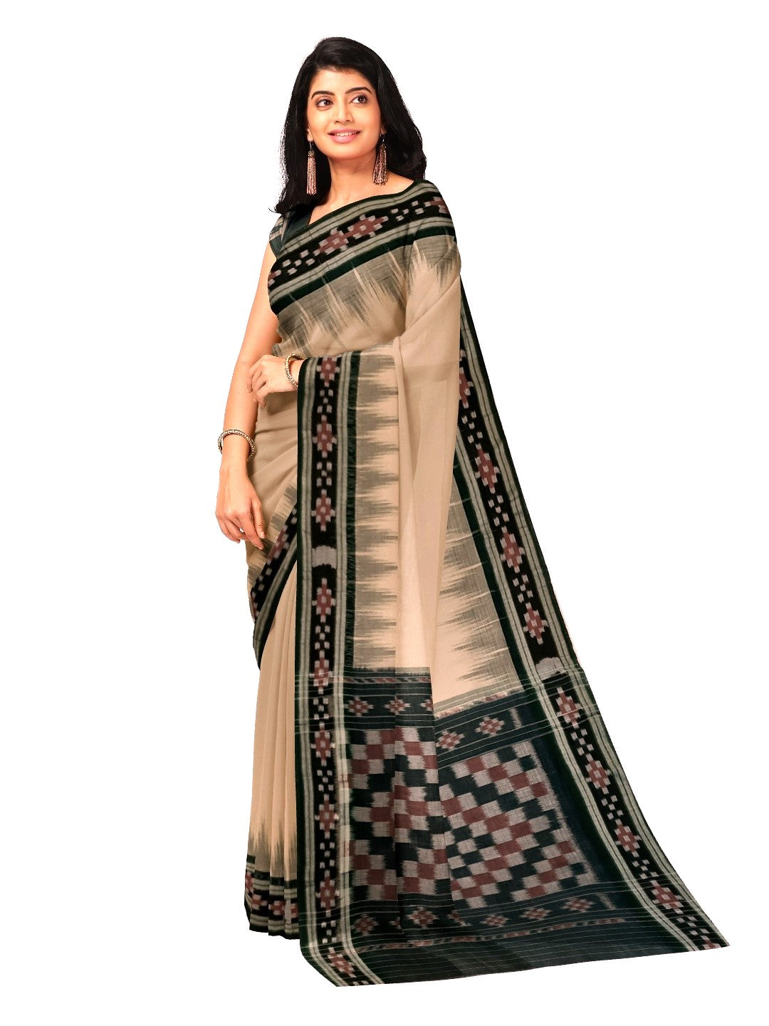 Beige with Green Cotton Odisha Ikat saree with cotton ikat blouse piece