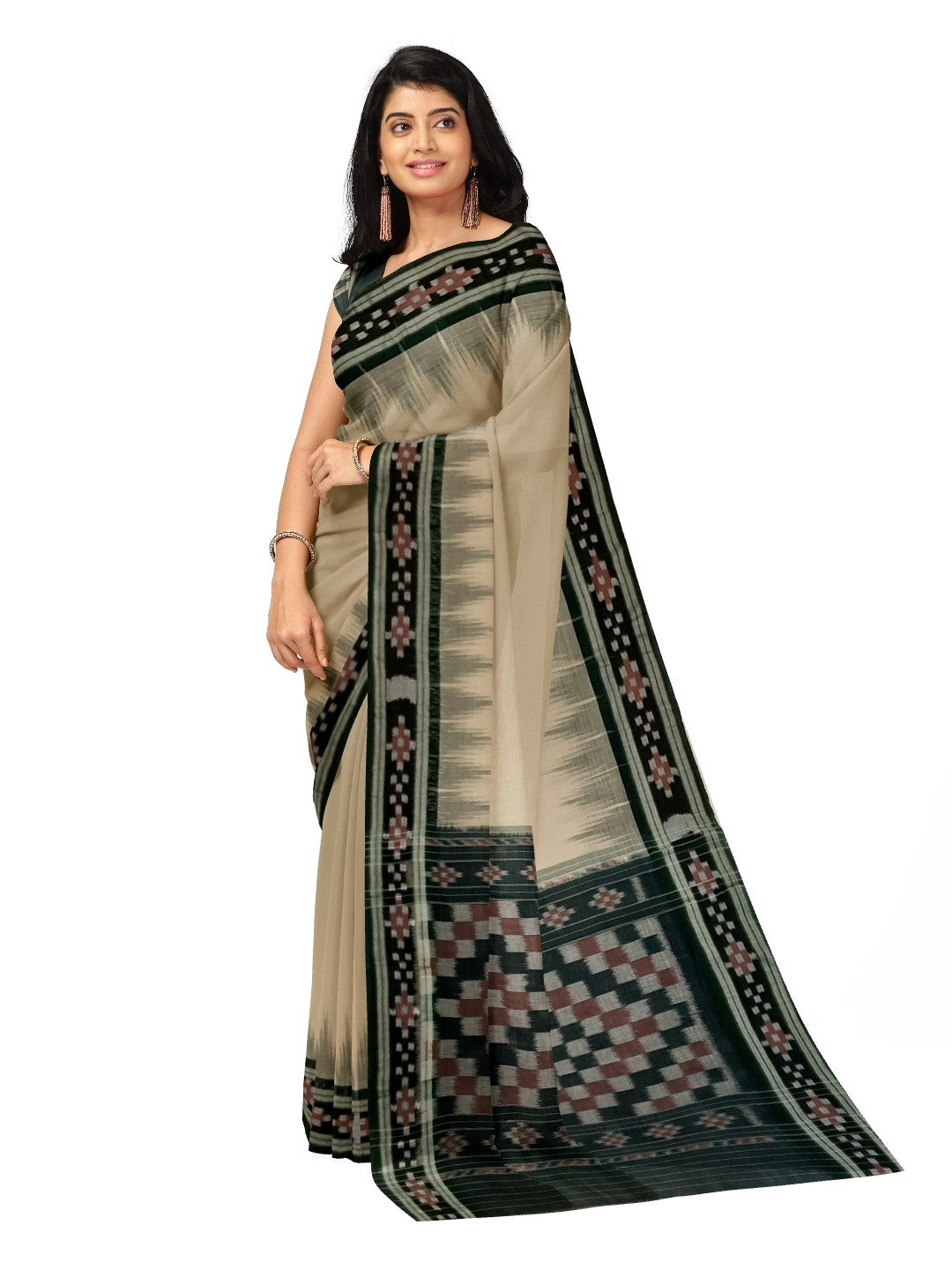 Beige with Green Cotton Odisha Ikat saree with cotton ikat blouse piece