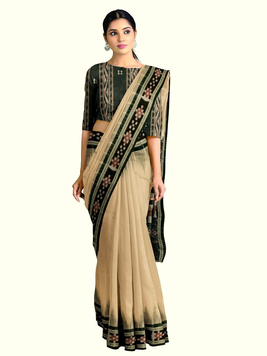 Beige with Green Cotton Odisha Ikat saree with cotton ikat blouse piece