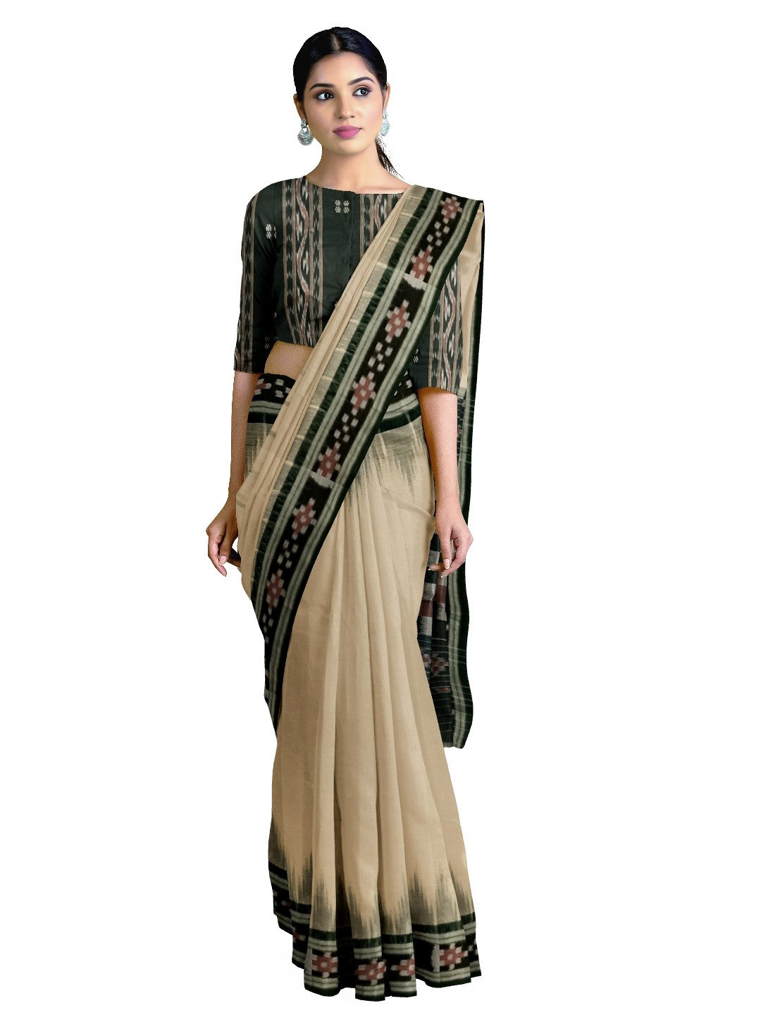 Beige with Green Cotton Odisha Ikat saree with cotton ikat blouse piece