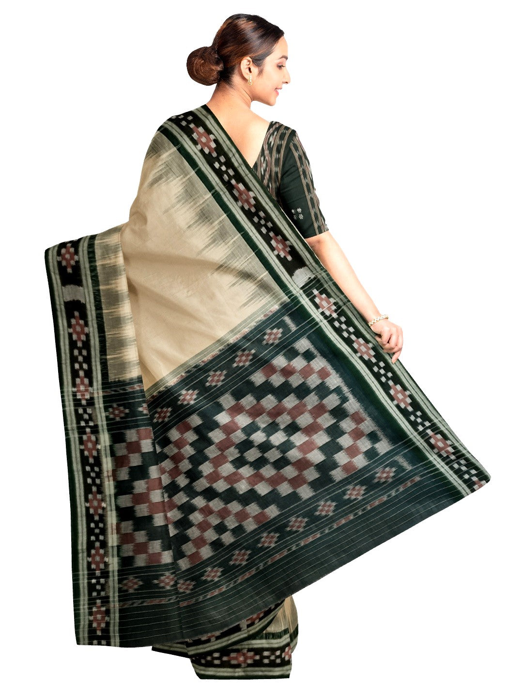 Beige with Green Cotton Odisha Ikat saree with cotton ikat blouse piece