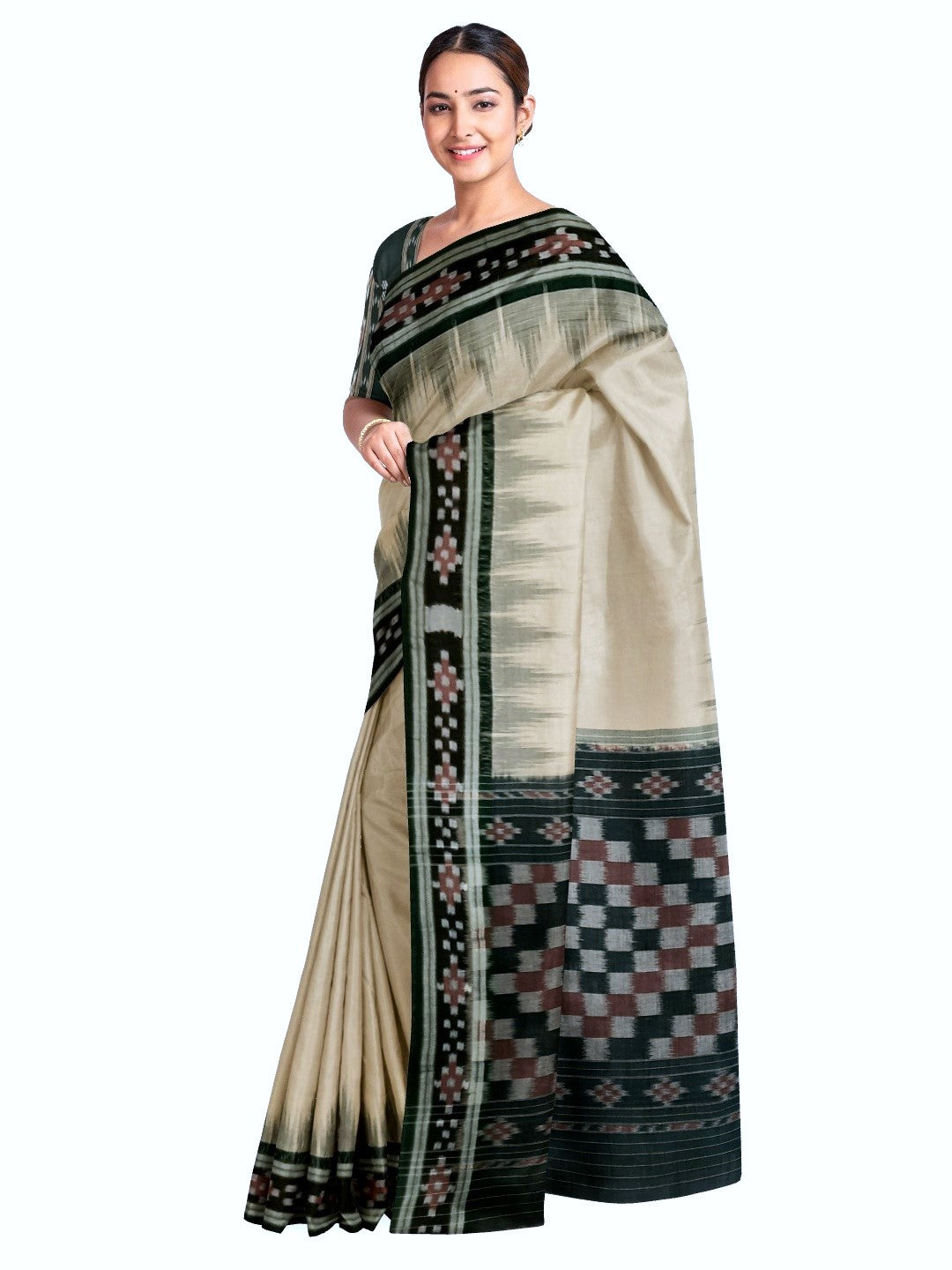 Beige with Green Cotton Odisha Ikat saree with cotton ikat blouse piece