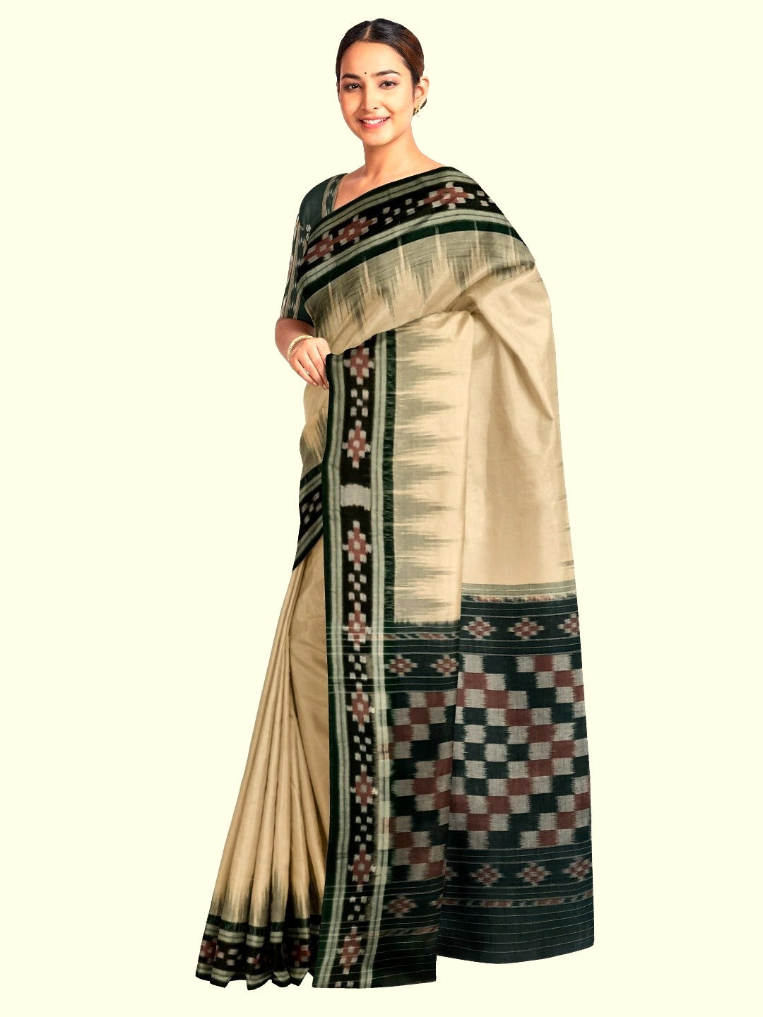 Beige with Green Cotton Odisha Ikat saree with cotton ikat blouse piece