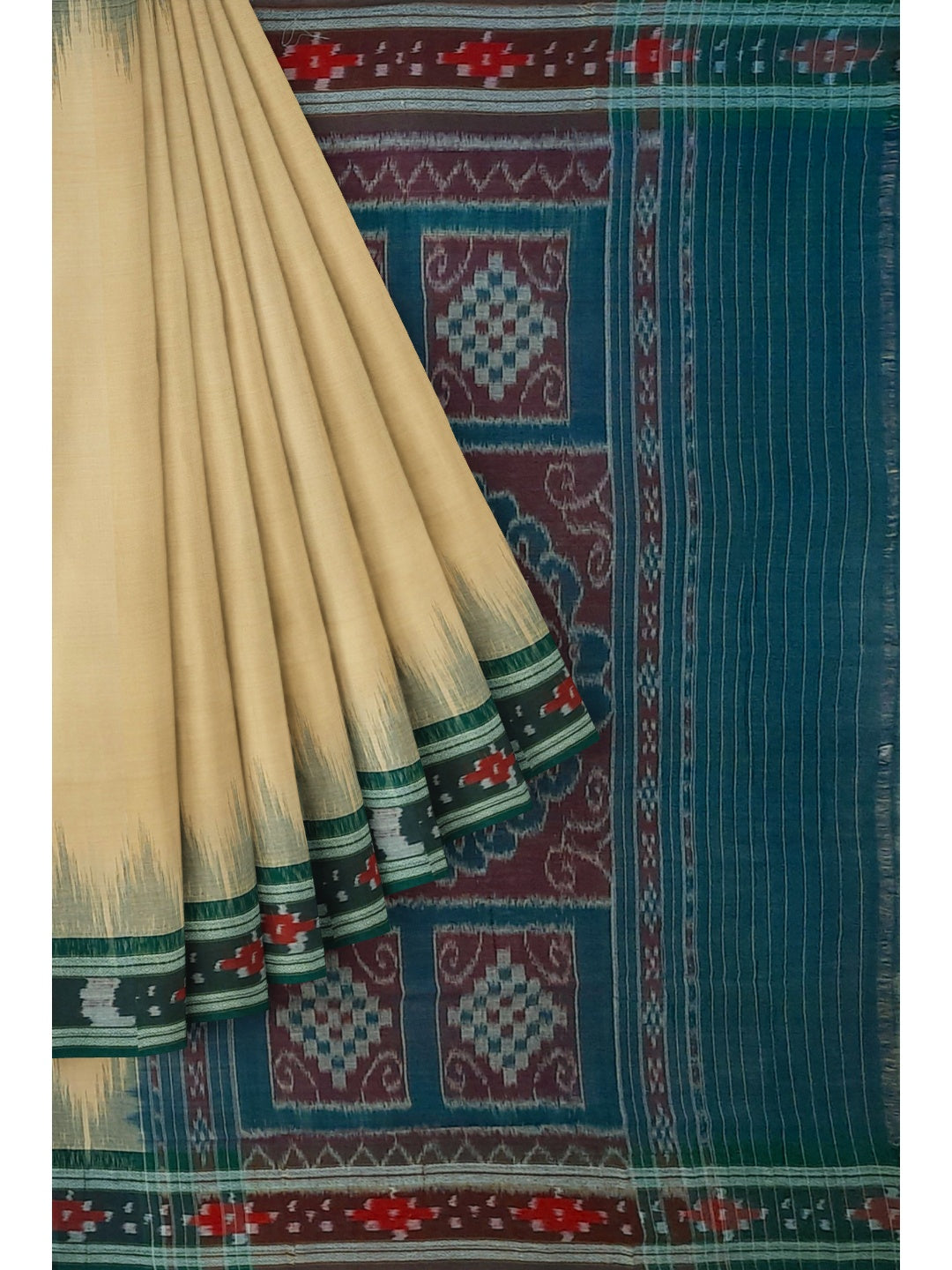 Beige with Green Cotton Odisha Ikat saree with cotton ikat blouse piece