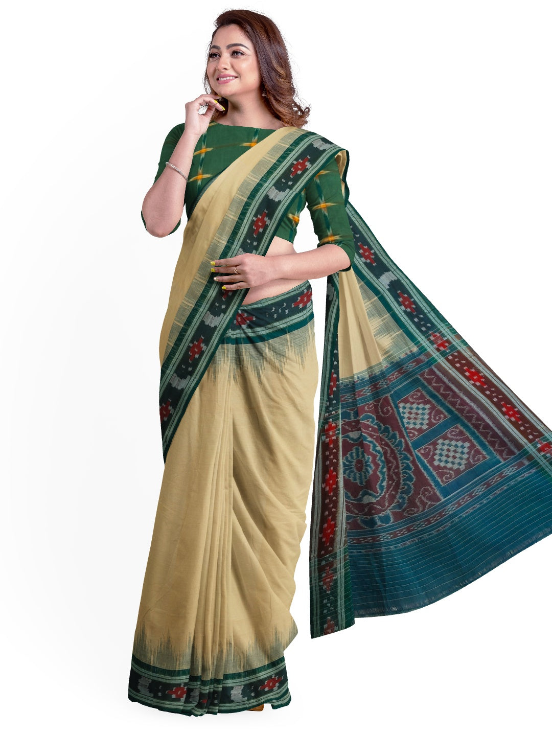 Beige with Green Cotton Odisha Ikat saree with cotton ikat blouse piece