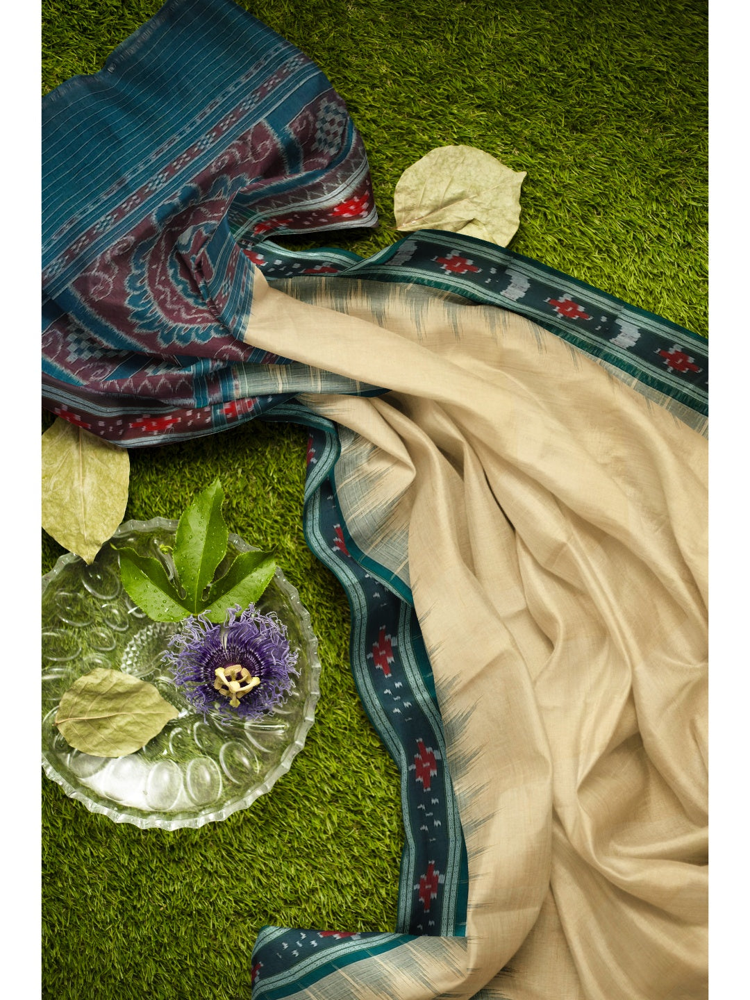 Beige with Green Cotton Odisha Ikat saree with cotton ikat blouse piece