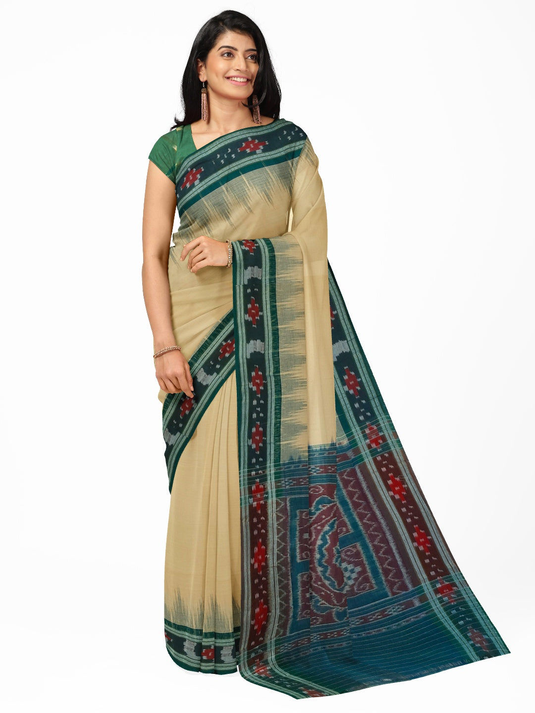 Beige with Green Cotton Odisha Ikat saree with cotton ikat blouse piece