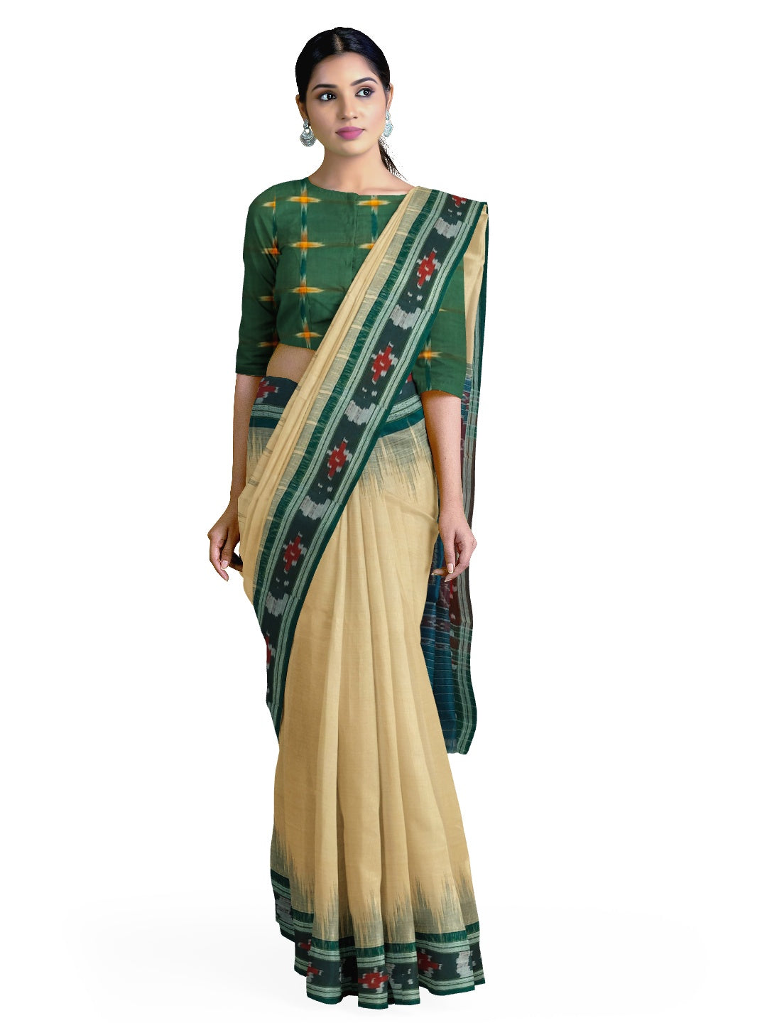 Beige with Green Cotton Odisha Ikat saree with cotton ikat blouse piece