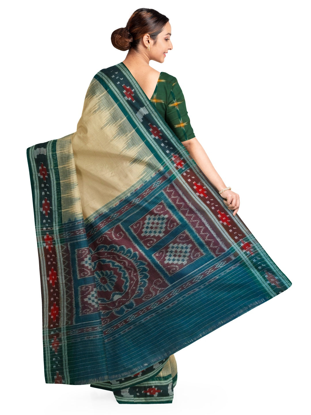 Beige with Green Cotton Odisha Ikat saree with cotton ikat blouse piece