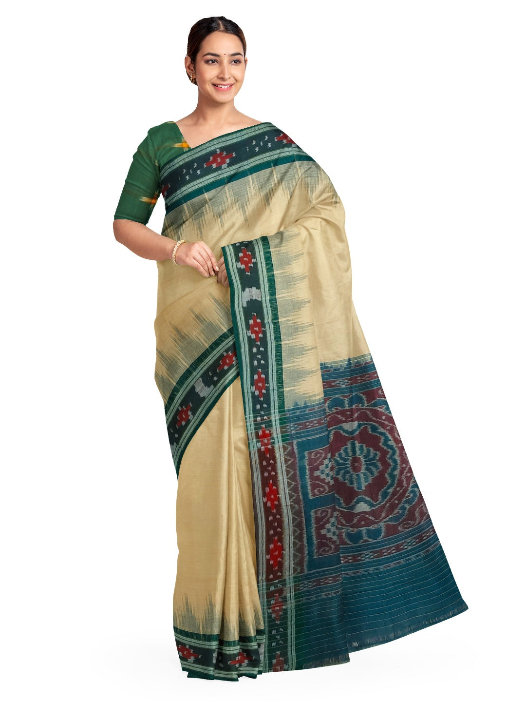 Beige with Green Cotton Odisha Ikat saree with cotton ikat blouse piece