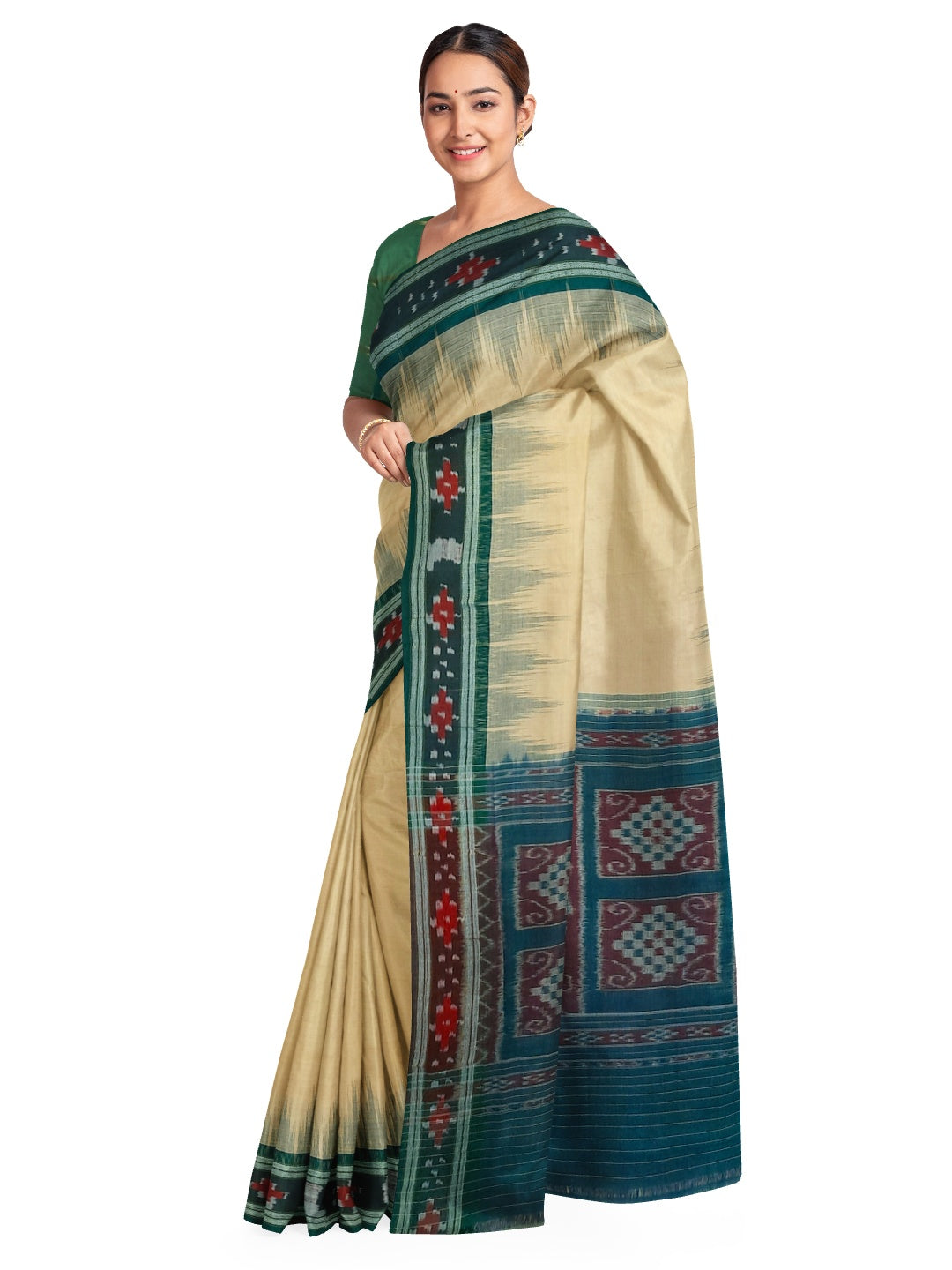 Beige with Green Cotton Odisha Ikat saree with cotton ikat blouse piece