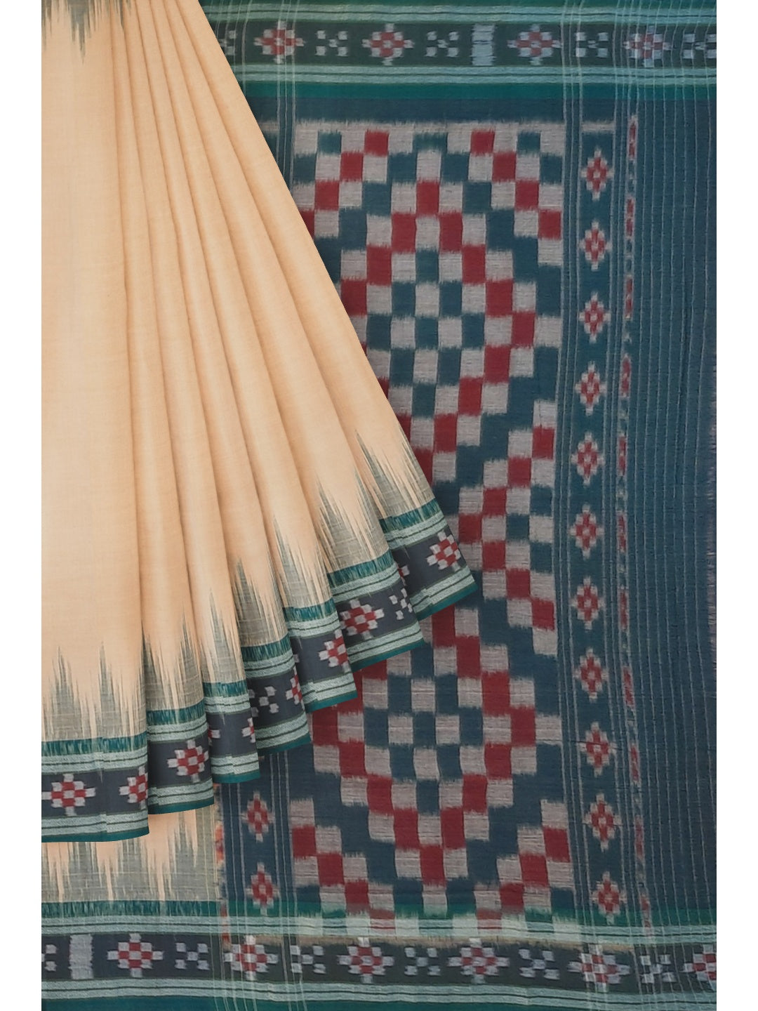 Beige with Green Cotton Odisha Ikat saree with cotton ikat blouse piece