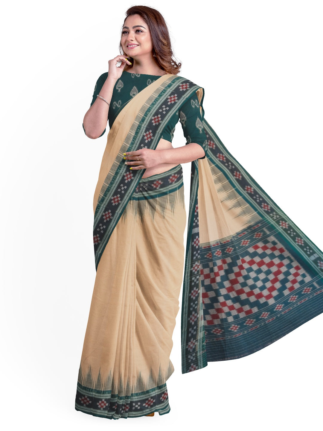 Beige with Green Cotton Odisha Ikat saree with cotton ikat blouse piece