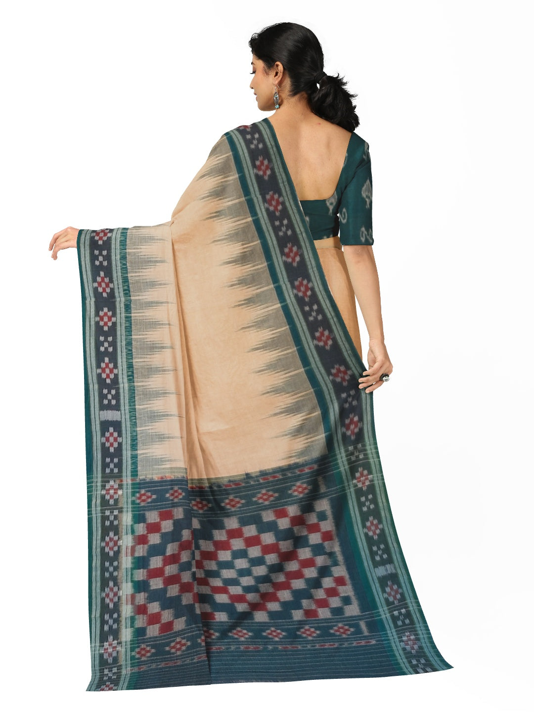 Beige with Green Cotton Odisha Ikat saree with cotton ikat blouse piece
