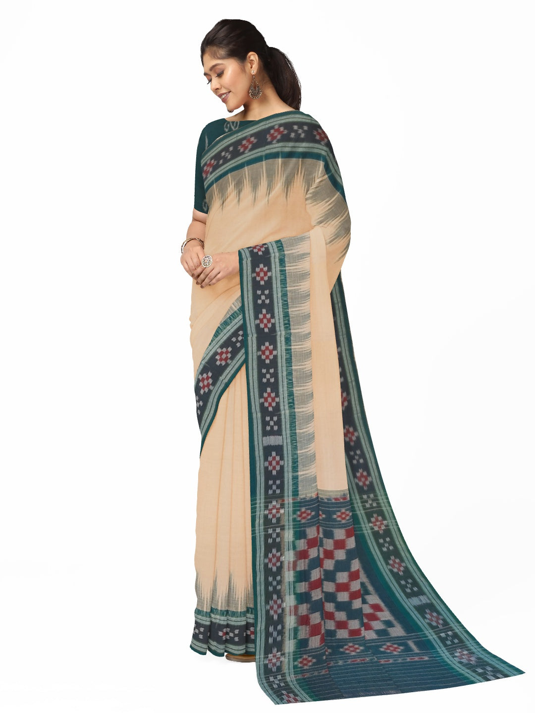 Beige with Green Cotton Odisha Ikat saree with cotton ikat blouse piece
