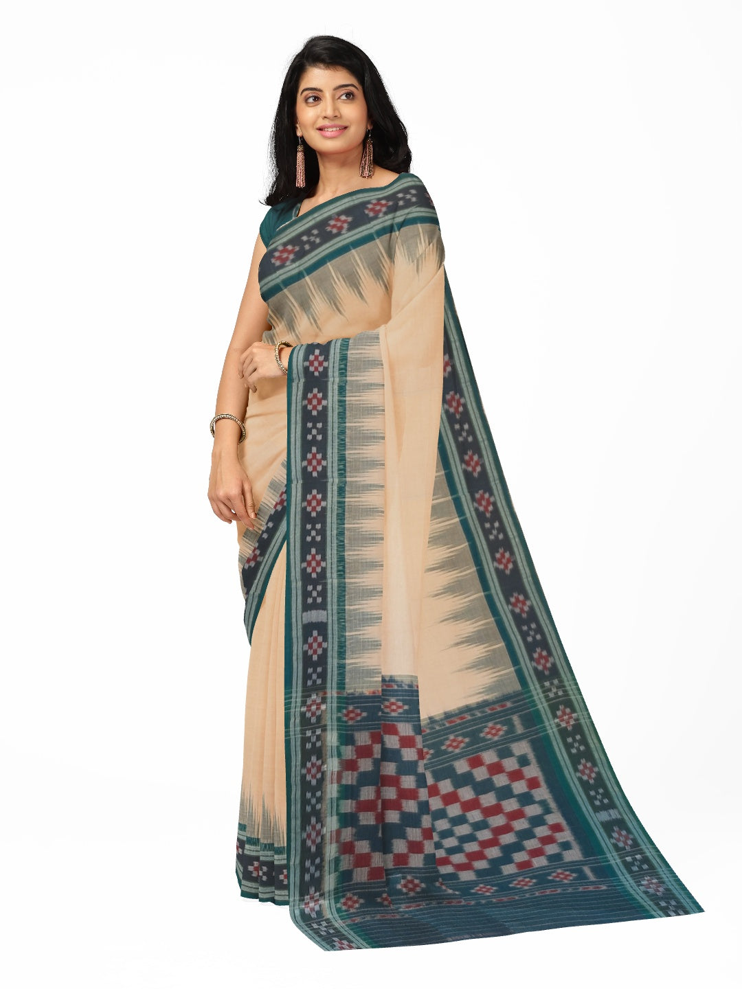 Beige with Green Cotton Odisha Ikat saree with cotton ikat blouse piece