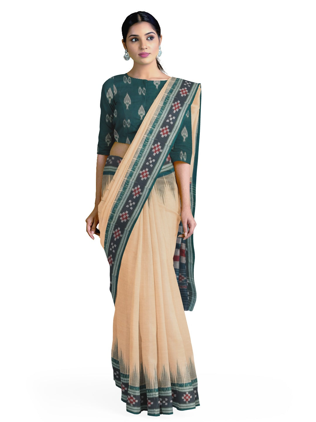 Beige with Green Cotton Odisha Ikat saree with cotton ikat blouse piece