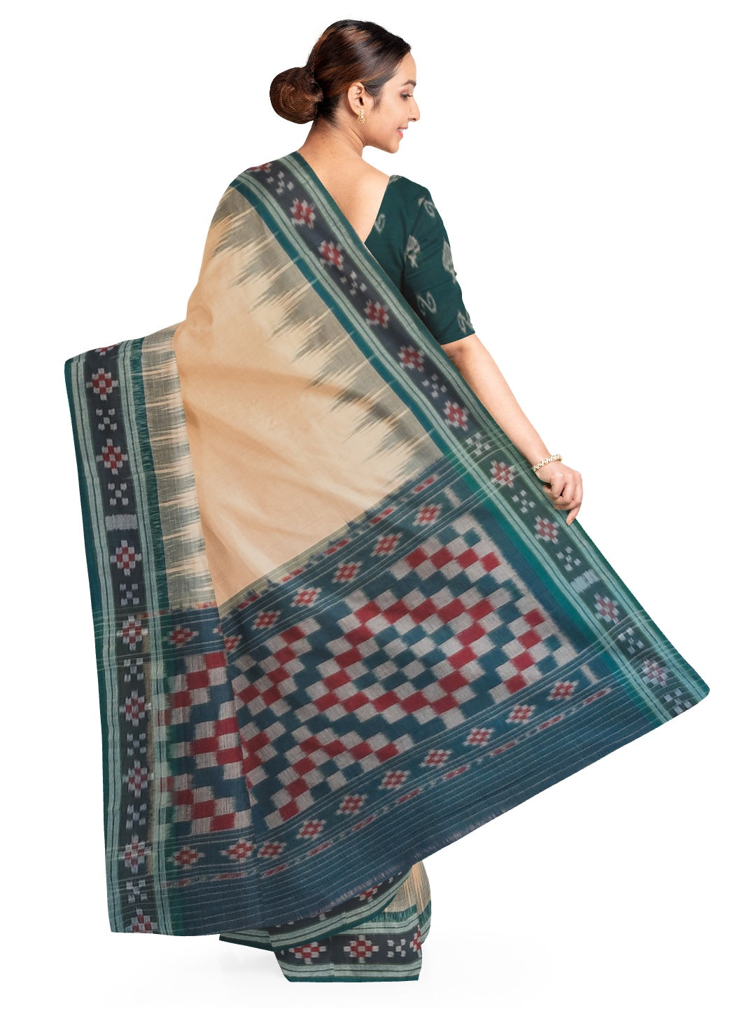 Beige with Green Cotton Odisha Ikat saree with cotton ikat blouse piece