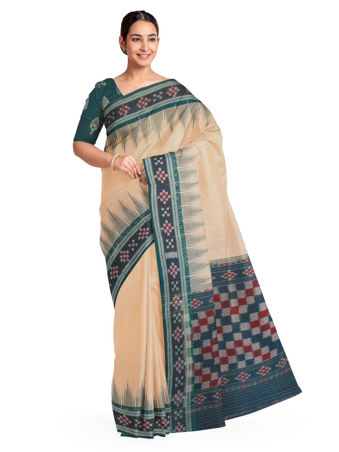 Beige with Green Cotton Odisha Ikat saree with cotton ikat blouse piece