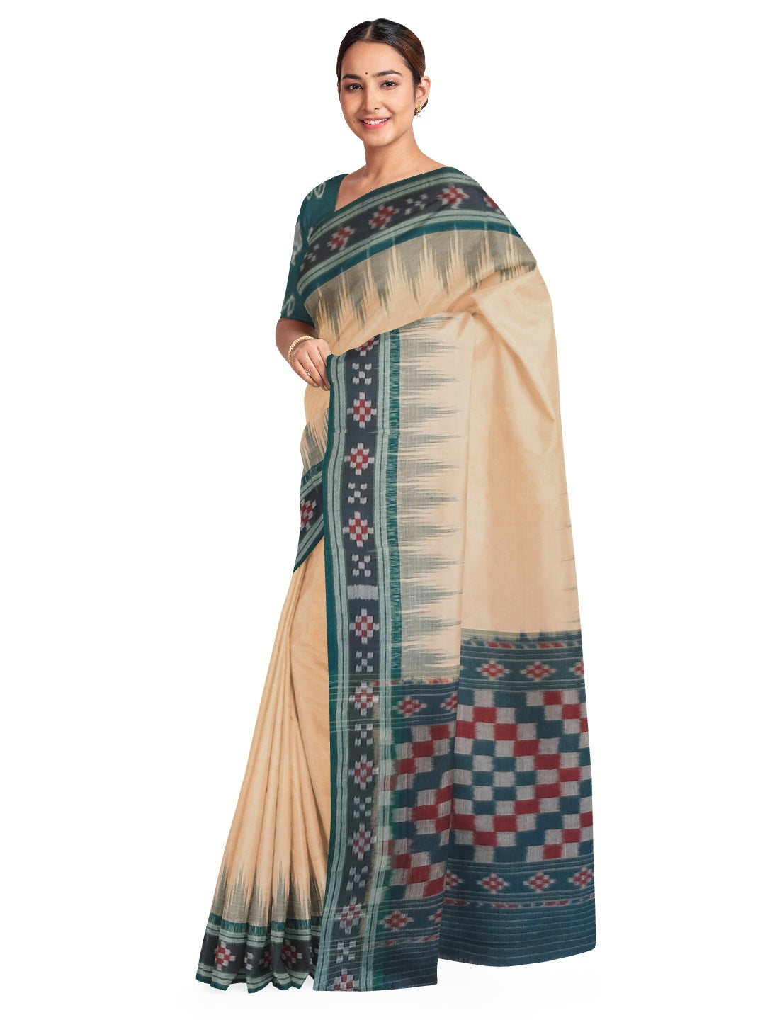Beige with Green Cotton Odisha Ikat saree with cotton ikat blouse piece