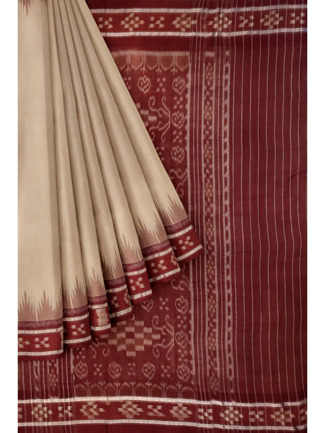 Beige with Maroon Odisha Ikat saree with cotton ikat blouse piece