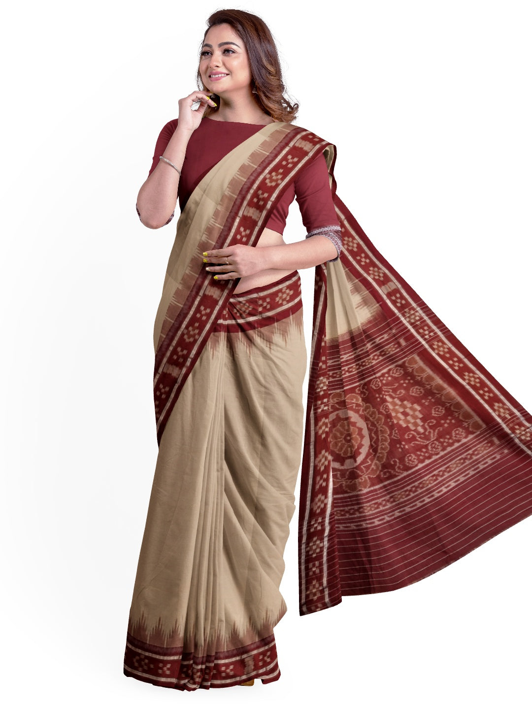 Beige with Maroon Odisha Ikat saree with cotton ikat blouse piece