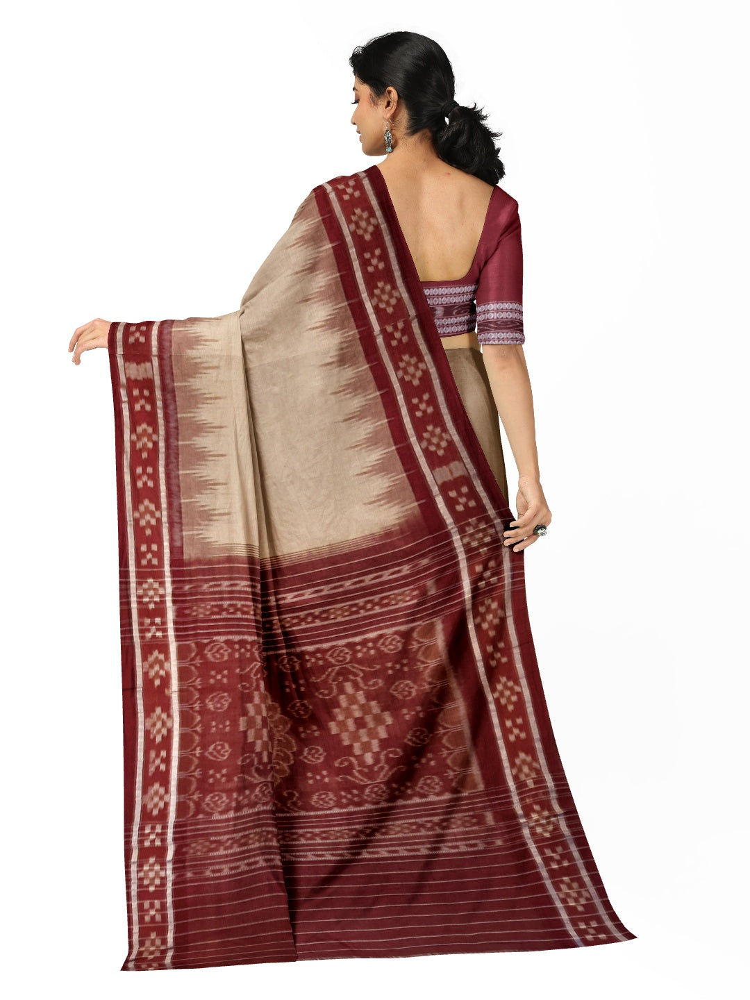 Beige with Maroon Odisha Ikat saree with cotton ikat blouse piece