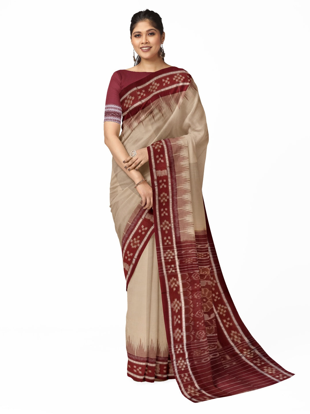 Beige with Maroon Odisha Ikat saree with cotton ikat blouse piece