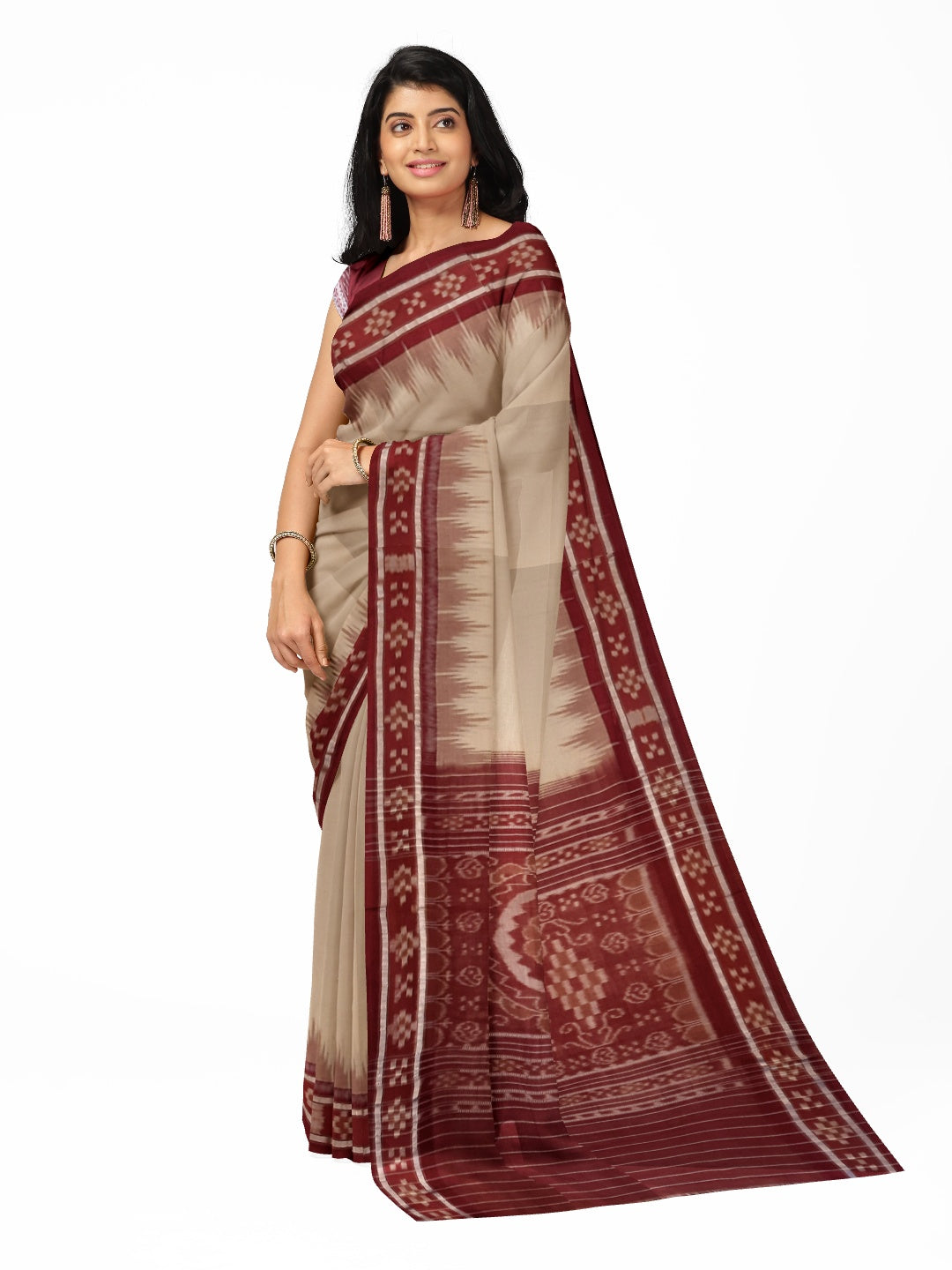 Beige with Maroon Odisha Ikat saree with cotton ikat blouse piece