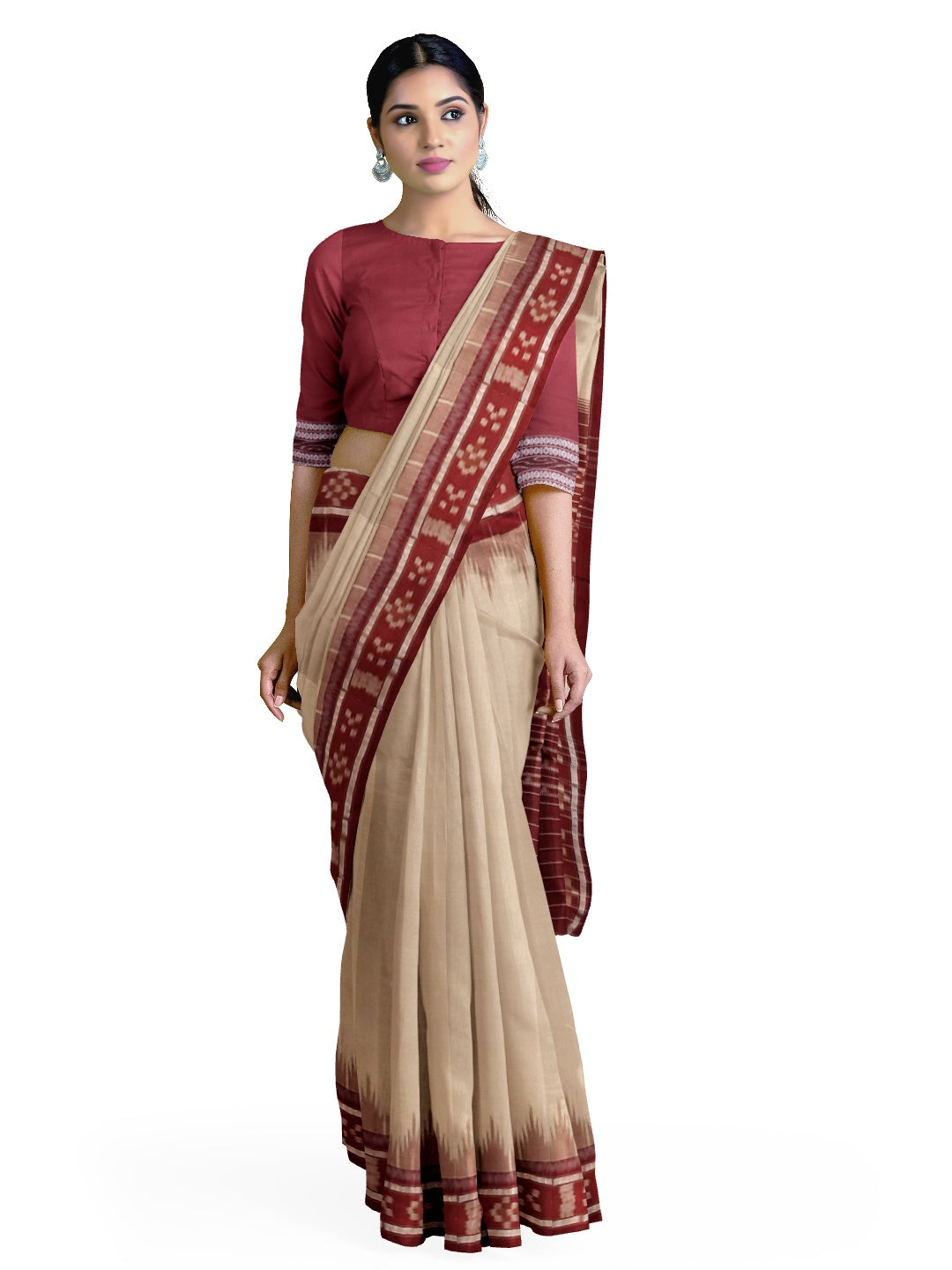 Beige with Maroon Odisha Ikat saree with cotton ikat blouse piece