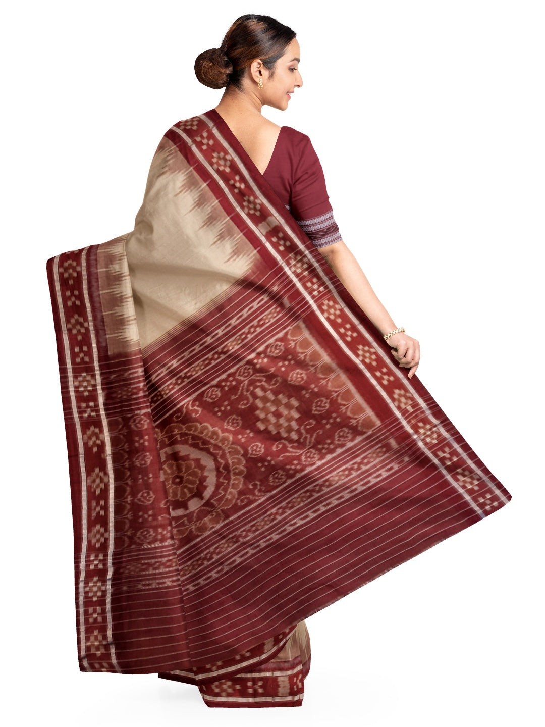 Beige with Maroon Odisha Ikat saree with cotton ikat blouse piece
