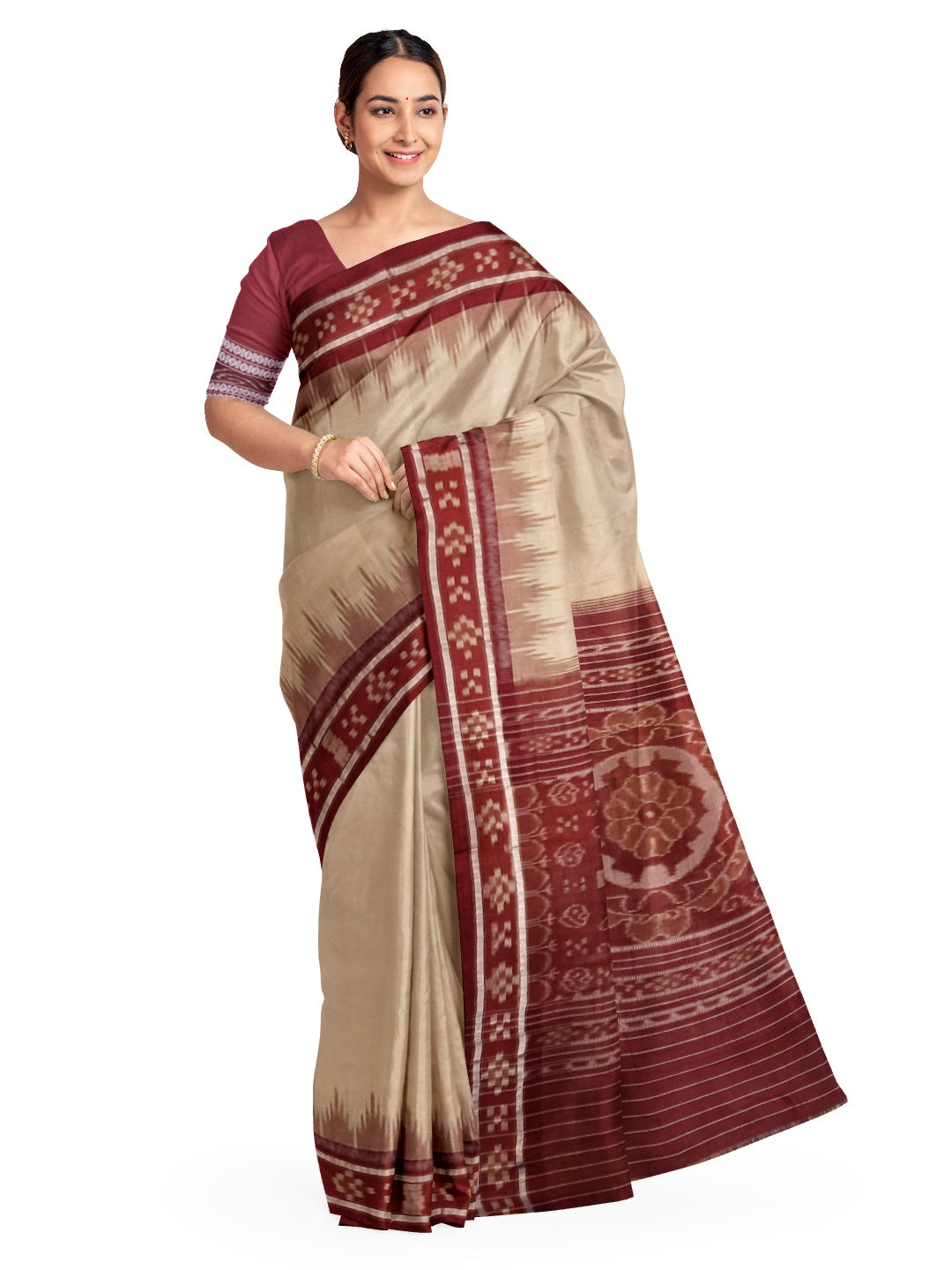 Beige with Maroon Odisha Ikat saree with cotton ikat blouse piece